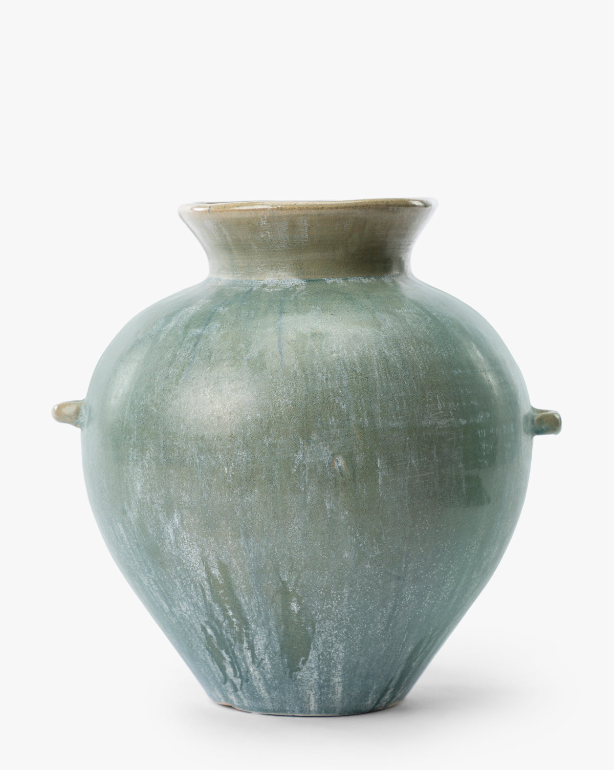 The Beatrix Vase features a wide, round shape with a narrow opening, vintage-inspired side handles, and handcrafted artistry in matte green and teal gradient tones, by McGee & Co.