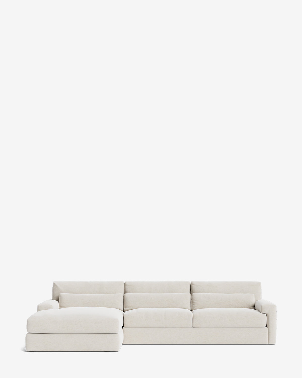 The Beckstead Chaise Sectional 128 by Community is a modern, light beige handcrafted sofa featuring a left-side chaise, shown against a plain white background by McGee & Co.
