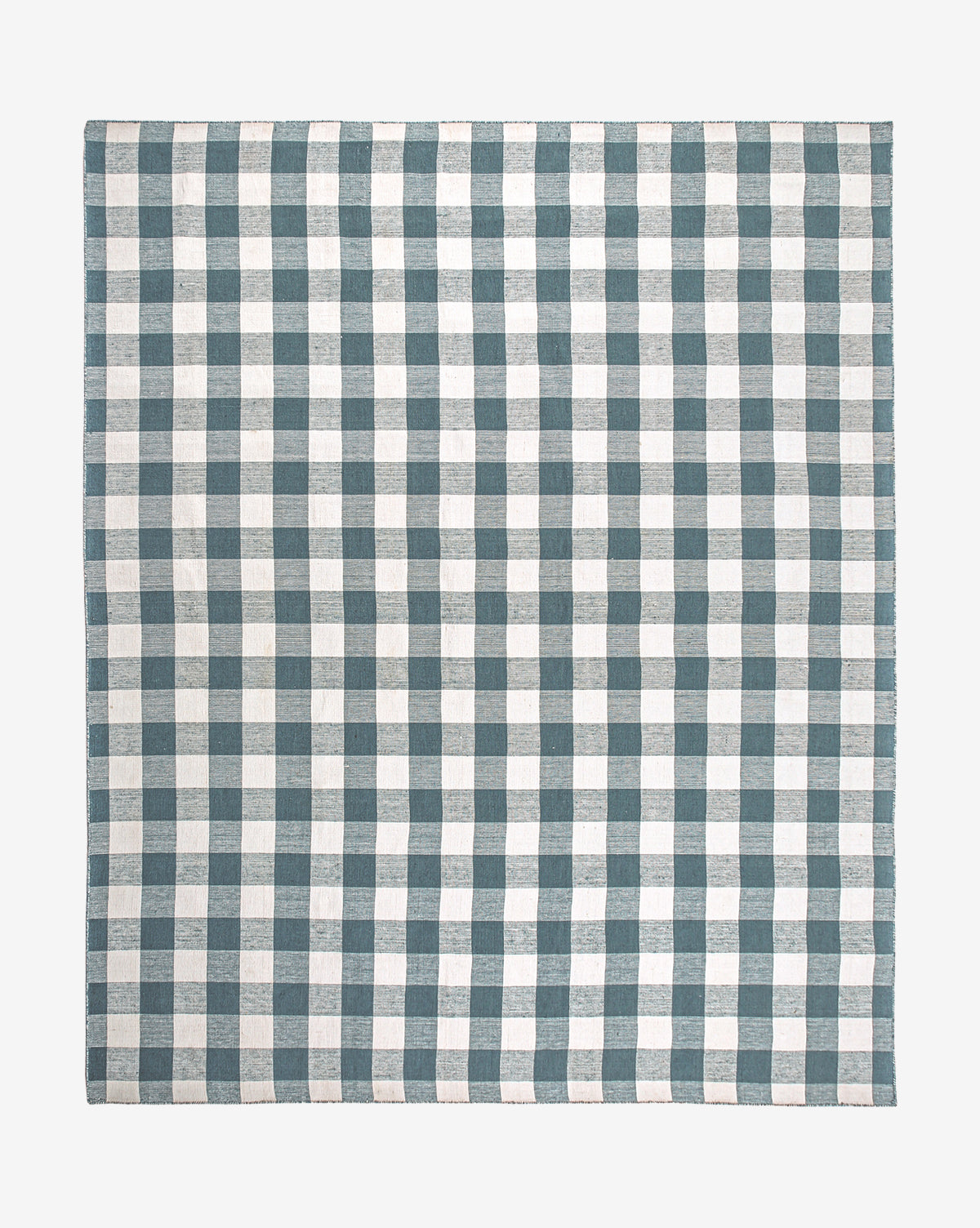 The Belleville Blue Handwoven Indoor/Outdoor Rug, featuring a square teal and white gingham checkered pattern made from recycled polyester, is displayed flat on a white background by McGee & Co.