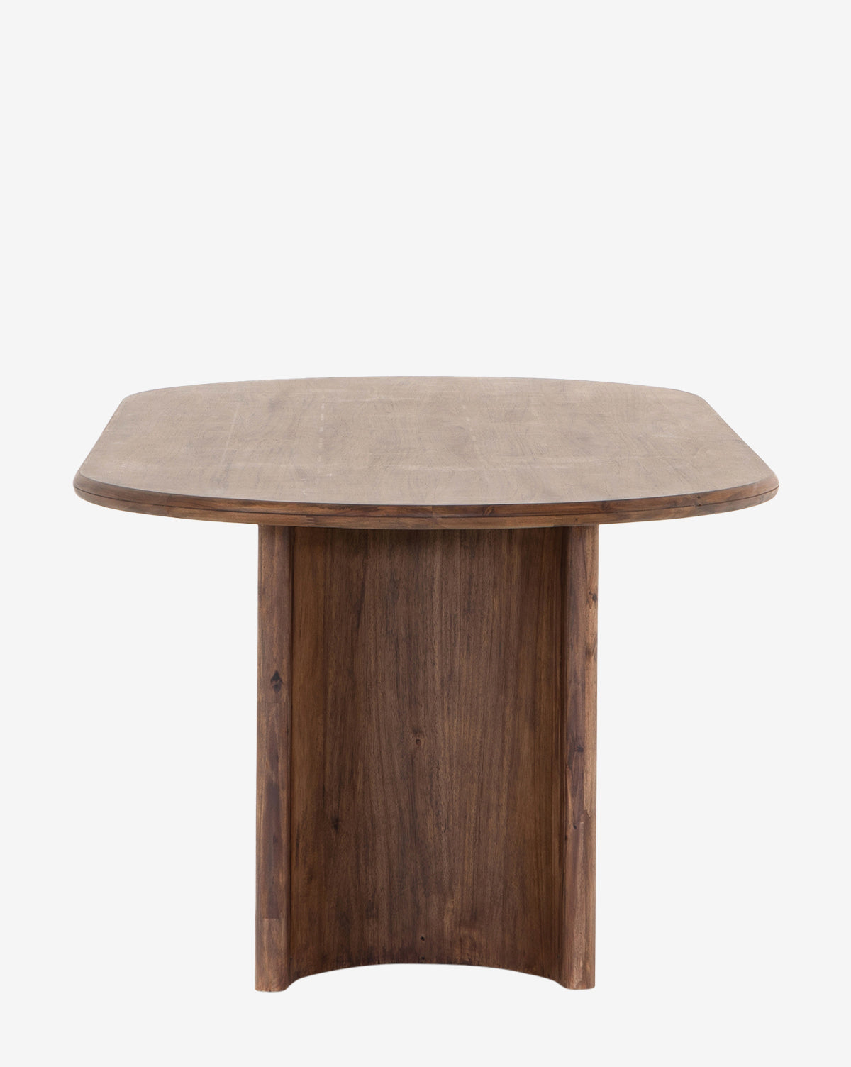 The Belvedere Dining Table, made of solid acacia wood, features a rectangular top with rounded edges and a curved pedestal base, displayed against a plain white background by McGee & Co.