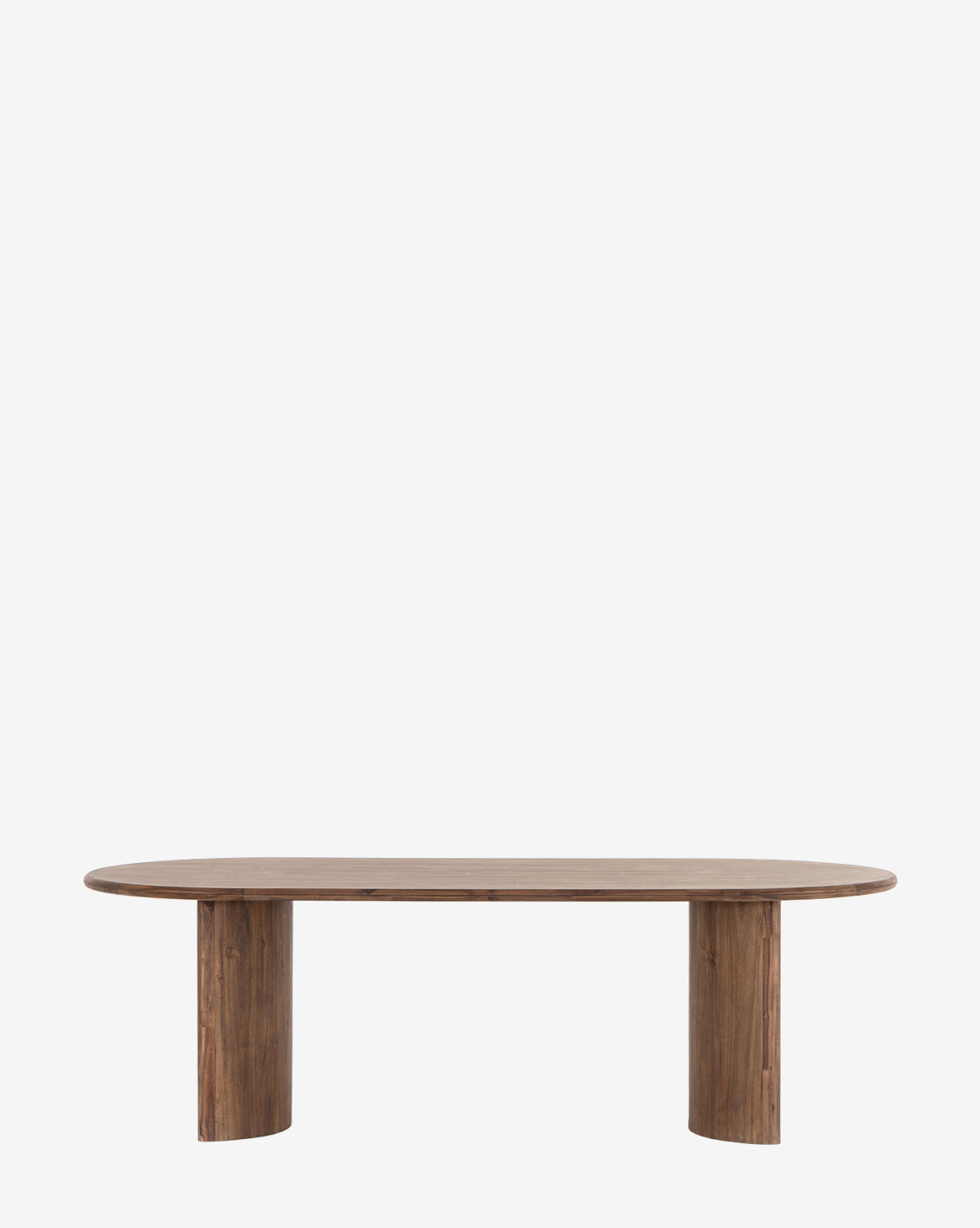 The Belvedere Dining Table features a modern acacia wood oval top and two thick, semi-circular legs, shown against a plain white background by McGee & Co.