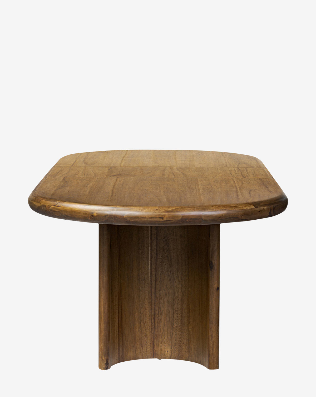The Belvedere Extension Dining Table features a rectangular acacia wood top with rounded edges and a wide curved pedestal base, shown against a plain white background by McGee & Co.