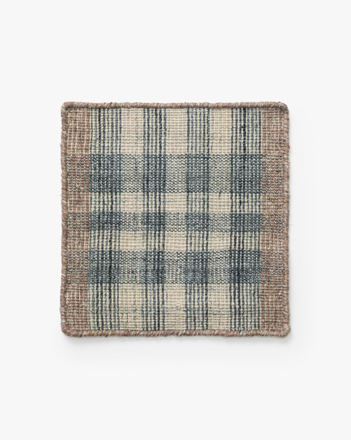 Berkeley Indoor/Outdoor Rug Swatch in a blue and beige plaid pattern with a thick brown border, crafted with a handwoven look, shown on a white background, by McGee & Co.