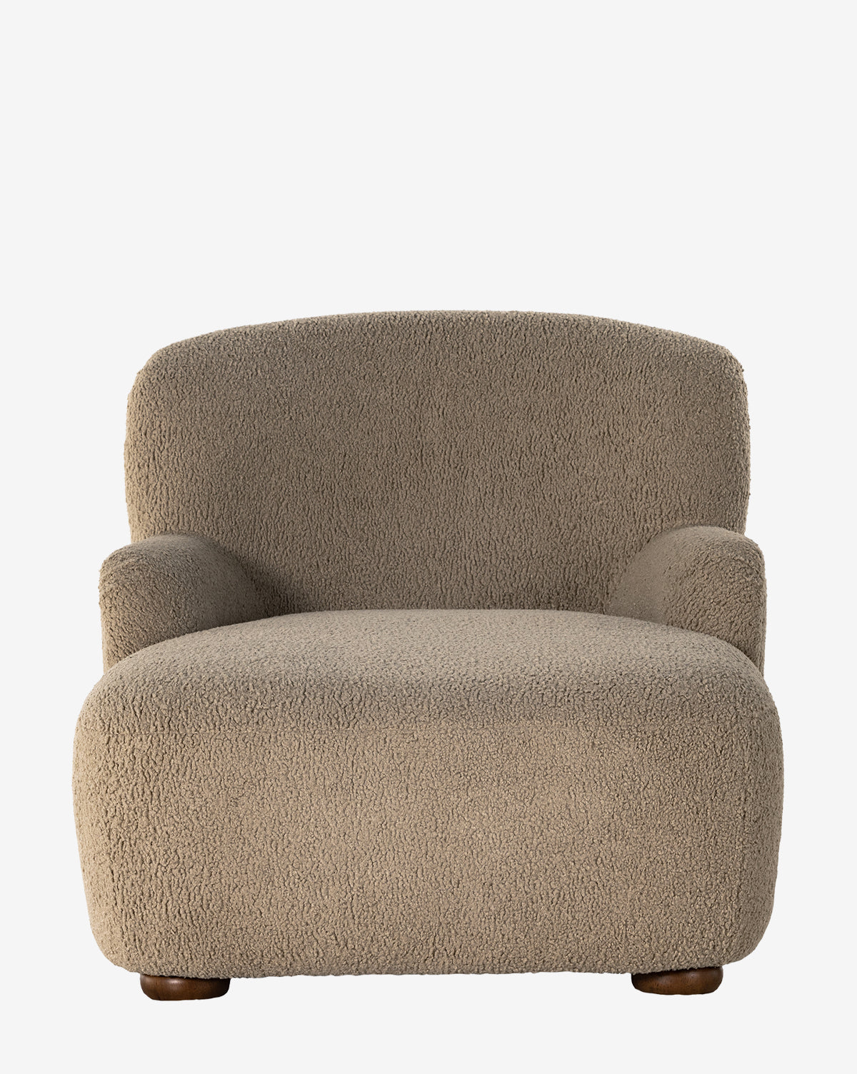 Front view of the Berrett Chaise Lounge featuring plush, light brown shearling upholstery with rounded edges and small wooden feet. Its low back, wide cushioned seat, and arms make it perfect for any living space, by McGee & Co.