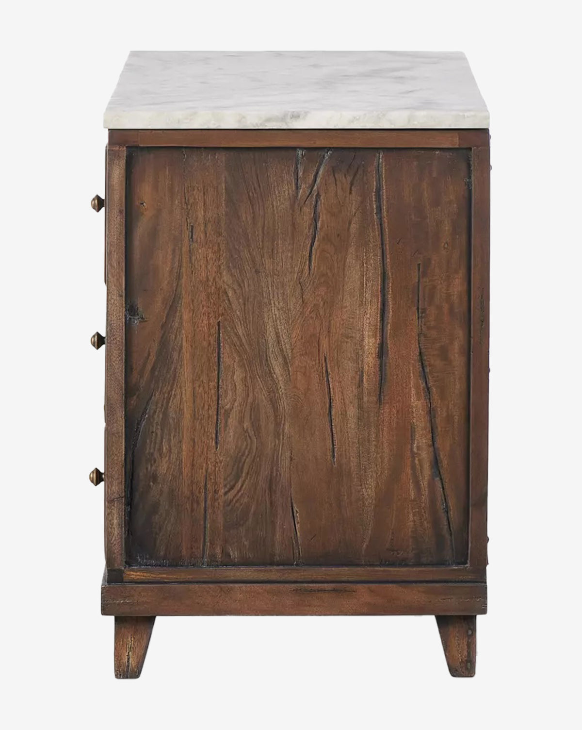 The Bettiga Nightstand is made from antique reclaimed wood with a rustic finish, features a white marble top, visible wood grain, brass hardware on three knobs, and stands on short legs, by McGee & Co.