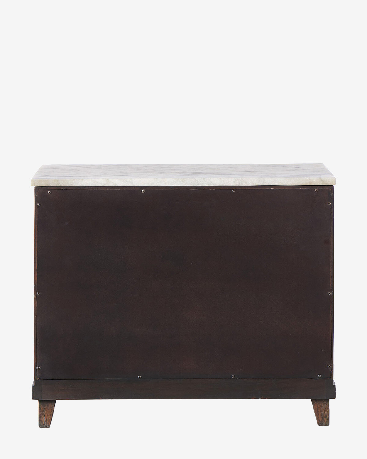 The Bettiga Nightstand is a rectangular cabinet with a dark brown reclaimed wood body, small visible screws, and a light marble top, shown from the back against a plain white background by McGee & Co.