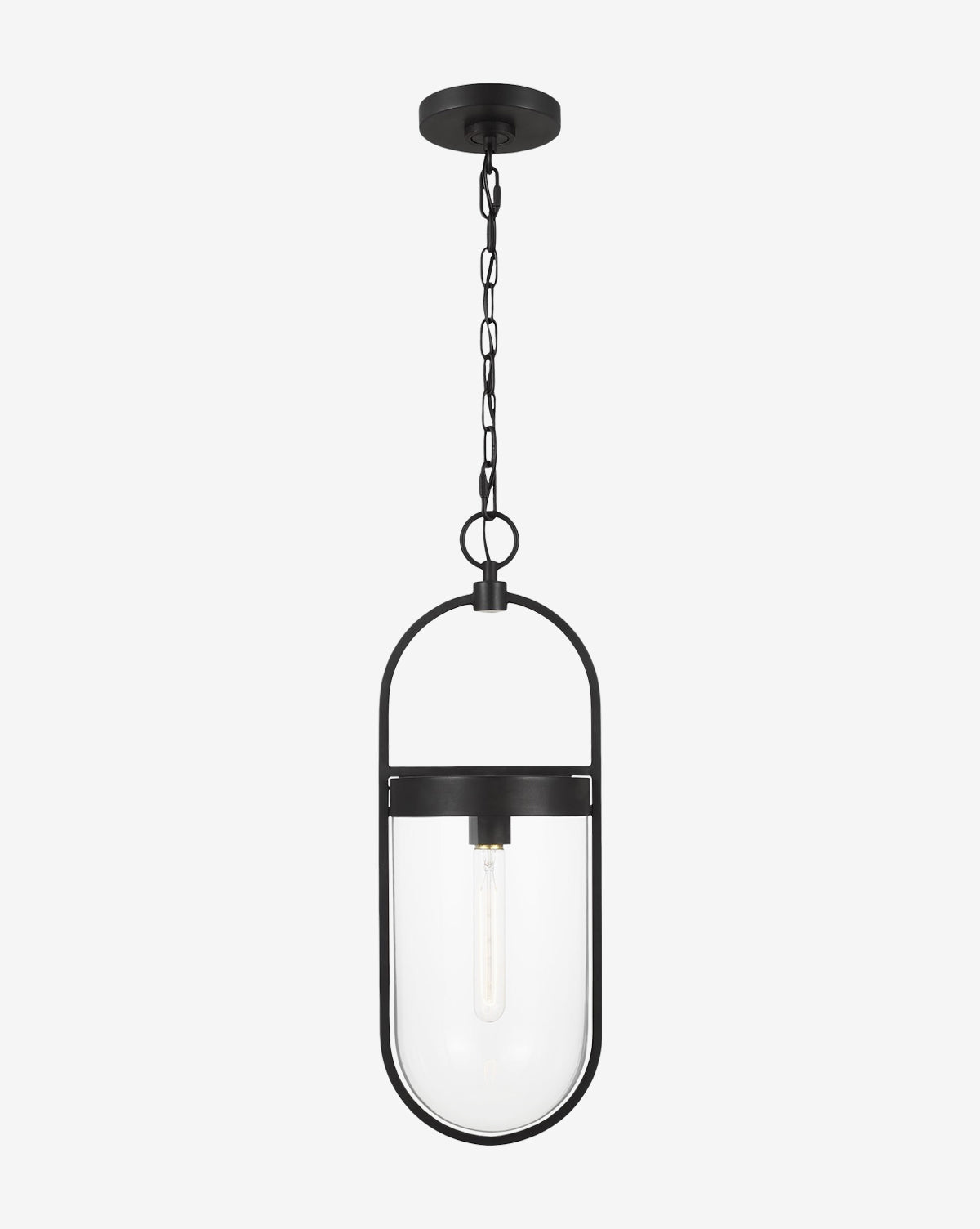 The Blaine Pendant features a black metal frame with a clear glass shade, suspended from a short black chain and circular mount. Its modern geometric design displays a visible bulb inside the elegant glass shade, by McGee & Co.