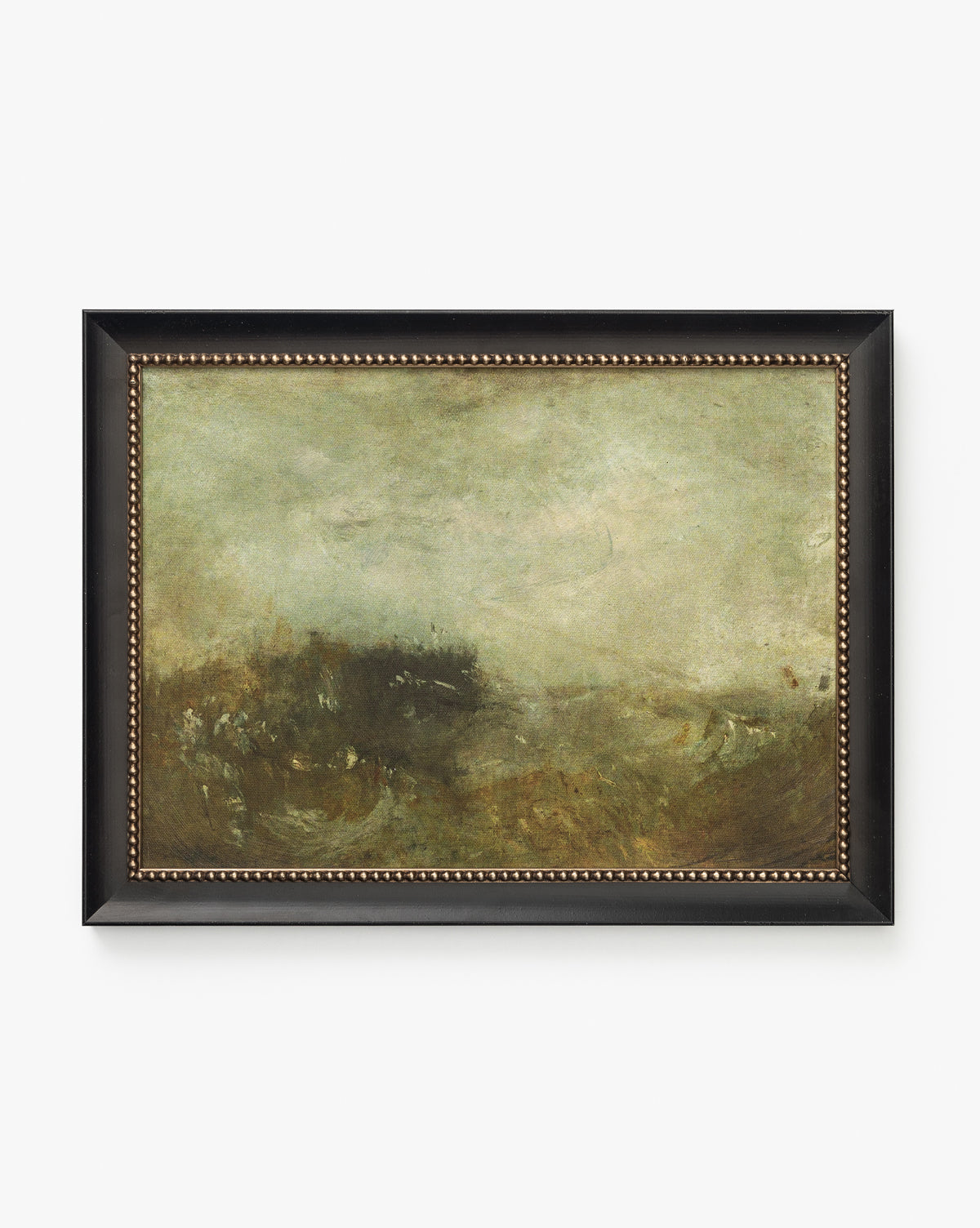 Blowing Brush: A framed giclee print in a black beaded frame, featuring an abstract, hazy landscape with muted earthy tones, blurred forms, and an indistinct horizon by McGee & Co.
