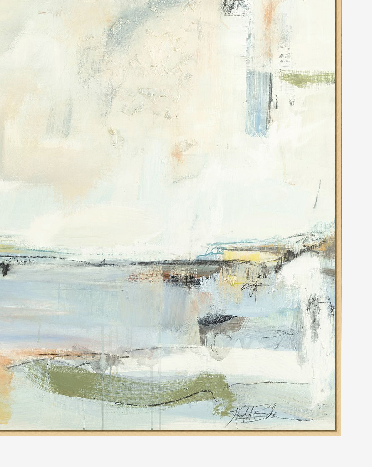 Blue Blush is an abstract painting featuring soft tones of white, cream, blue, and light green on gallery-wrapped canvas. Blurred shapes, gentle brushstrokes, hints of orange, and dark lines are framed in thin gold by McGee & Co.