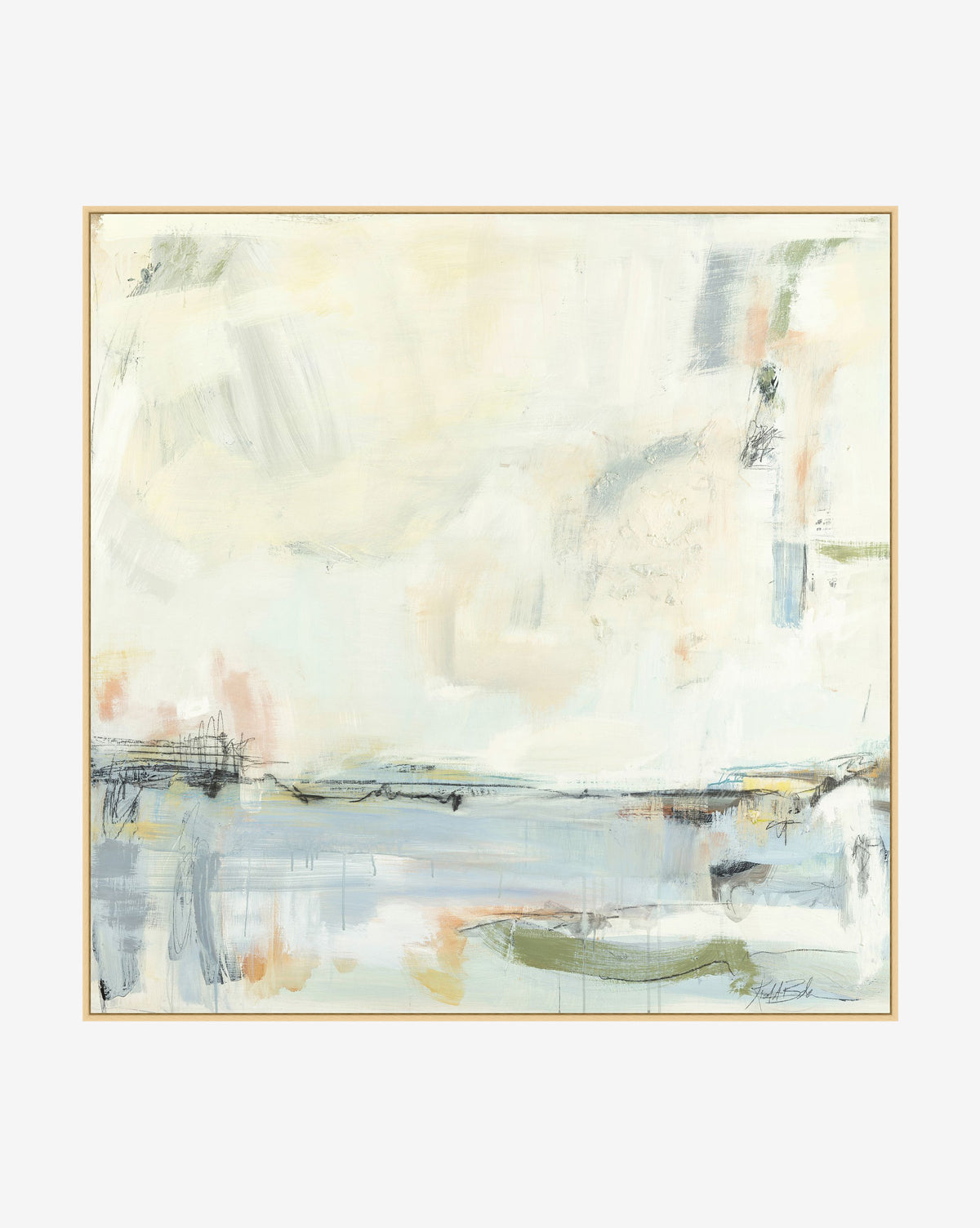 Blue Blush is an abstract art giclee print featuring soft white, cream, blue, green, and orange tones. Blurred shapes and loose brushstrokes evoke a serene landscape, while the thin frame adds modern style by McGee & Co.