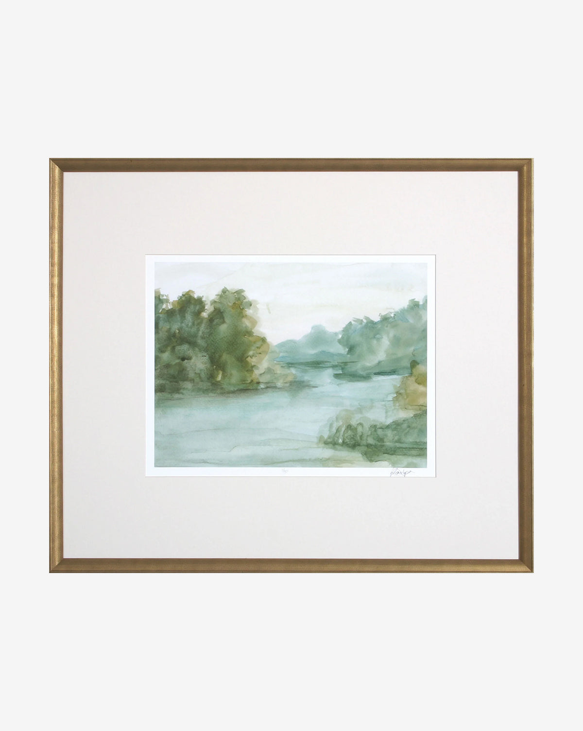 Blue Watercolor River is a framed painting featuring a misty river landscape with green trees and calm water in muted tones, set in a simple gold frame with a white mat—ideal for calming wall decor.