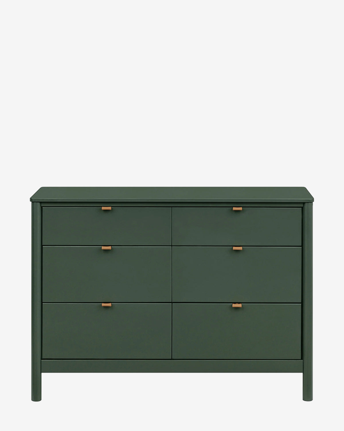 The Bondi 6-Drawer Dresser features a dark green finish and simple square brass handles, standing against a white background—an ideal, timeless choice for a nursery, by McGee & Co.