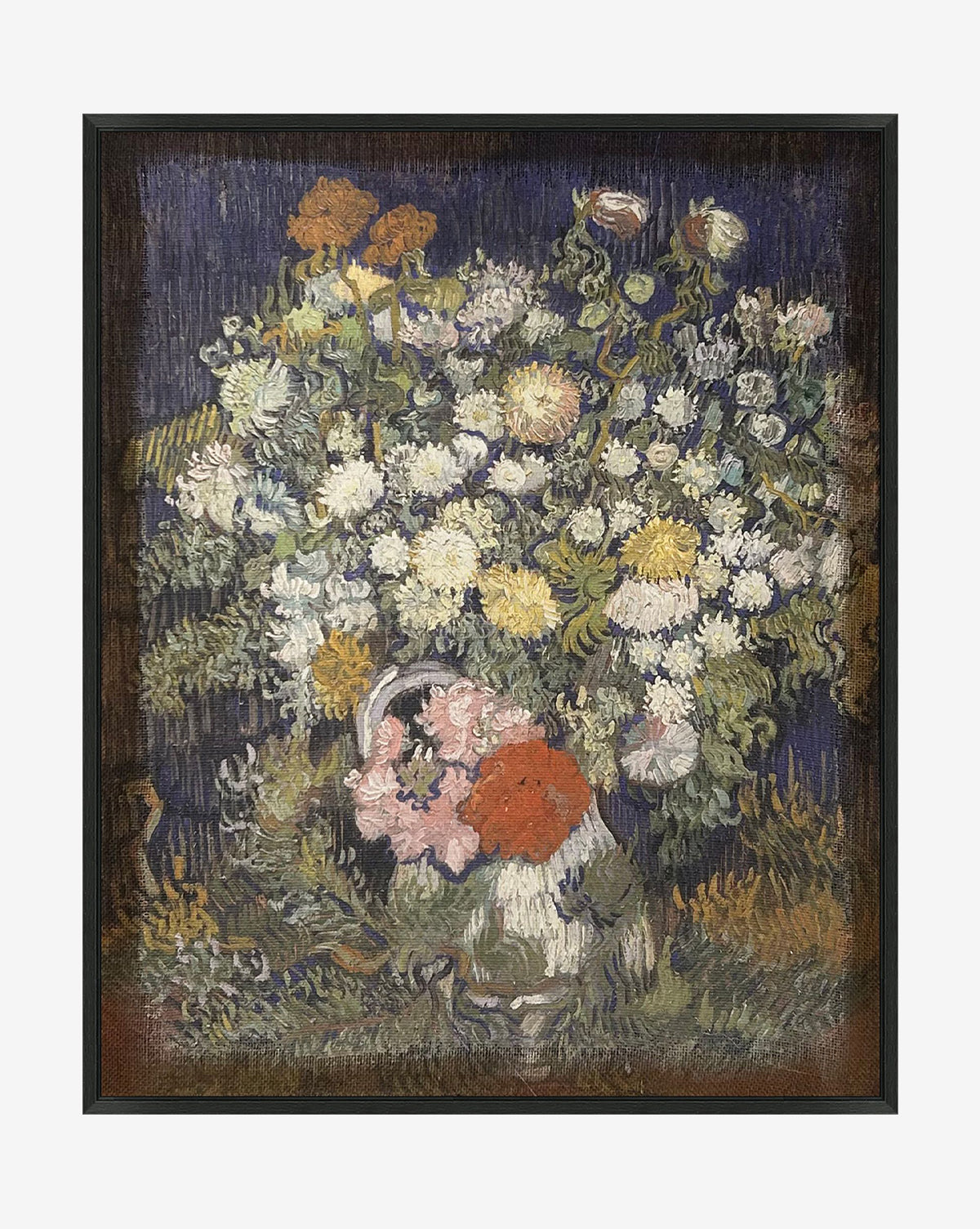 Bouquet of Flowers in a Vase by Van Gogh features bold brushstrokes and vivid white, yellow, pink, and orange blooms set against a dark background, elegantly displayed in a black woodgrain floater frame, by McGee & Co.