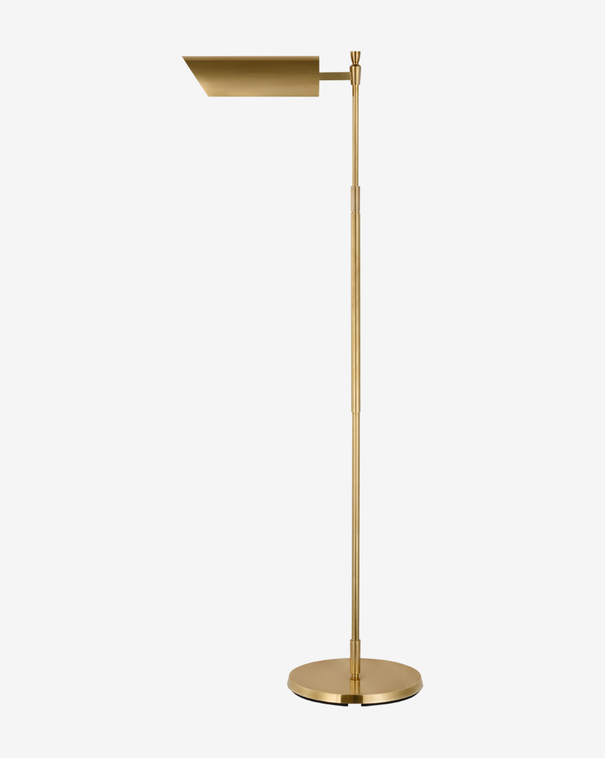 The Bravo Adjustable Pharmacy Floor Lamp features a modern design with a circular base, slender pole, and rectangular shade—all in a matching metallic gold finish, creating a sleek brass look against a plain white background by McGee & Co.