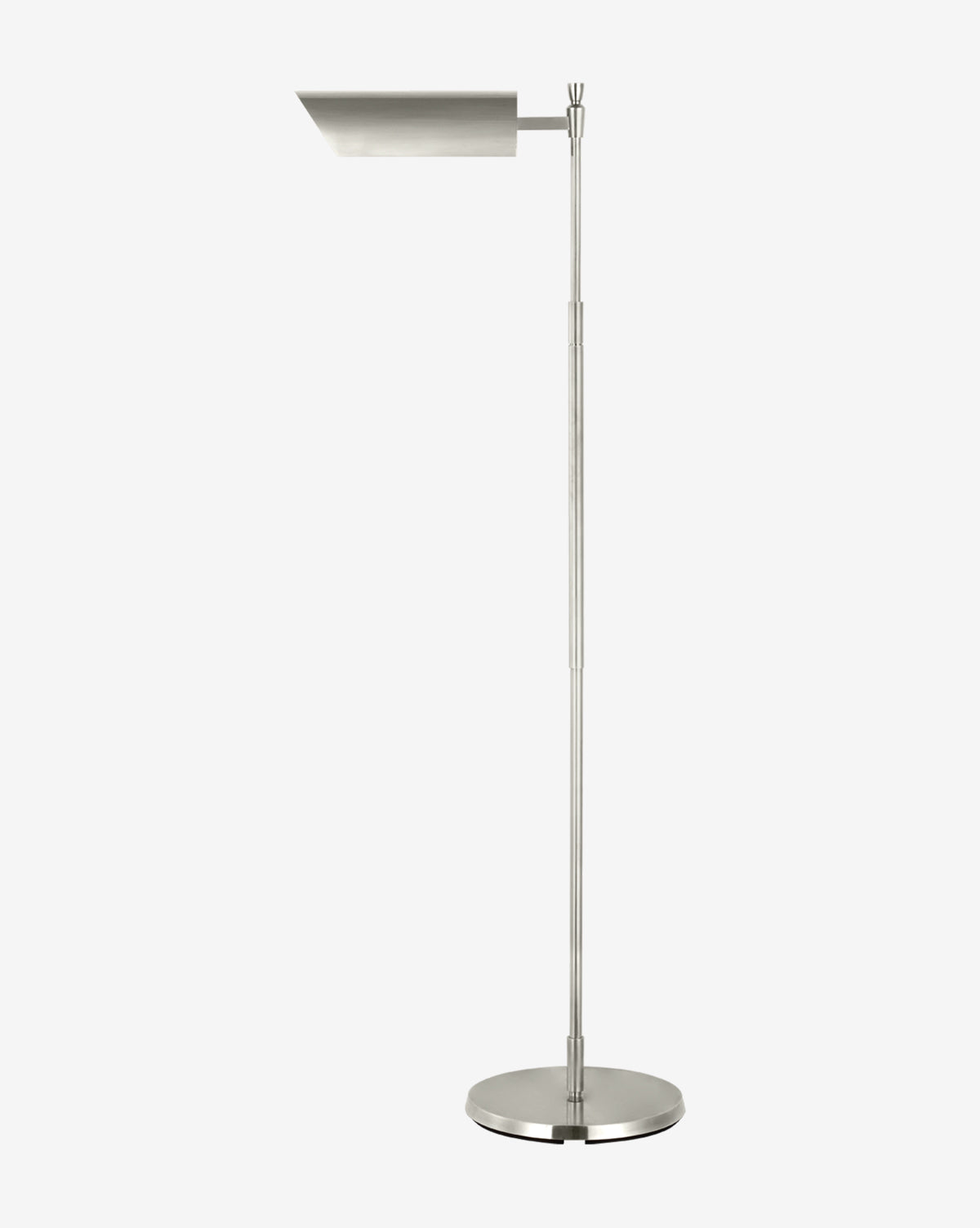 The Bravo Adjustable Pharmacy Floor Lamp, with a flat rectangular shade, slim adjustable pole, and round flat base in brushed steel finish, stands elegantly against a plain white background by McGee & Co.