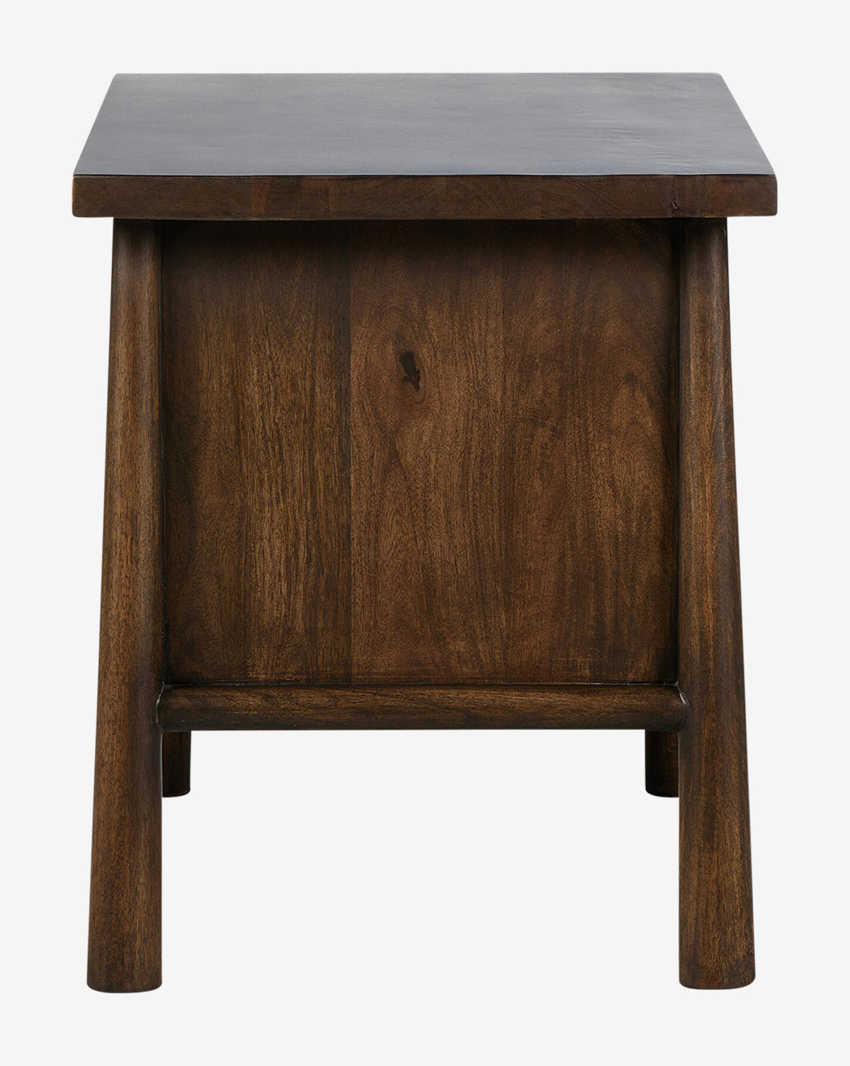 The Bridgewater Nightstand is a small, square wooden side table with storage drawers, a flat top, rounded legs, and a dark brown finish. Its simple modern design highlights visible wood grain and iron drawer pulls for extra charm, by McGee & Co.