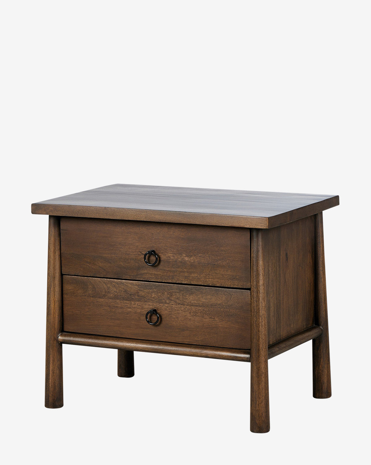 The Bridgewater Nightstand is a modern antique-style wooden piece in dark brown, with two storage drawers, round iron pulls, and four sturdy legs—ideal for your bedroom décor, by McGee & Co.