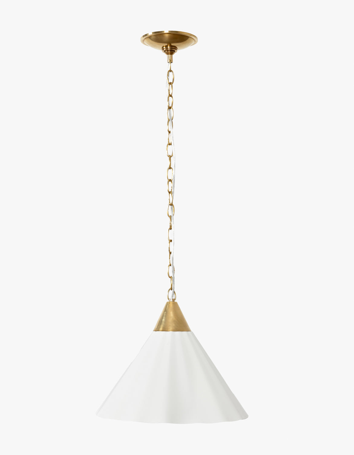 The Brigadier Pendant features a vintage-inspired design with an antique brass finish, white conical shade, and gold chain suspension, complemented by a matching ceiling mount against a plain white background by McGee & Co.