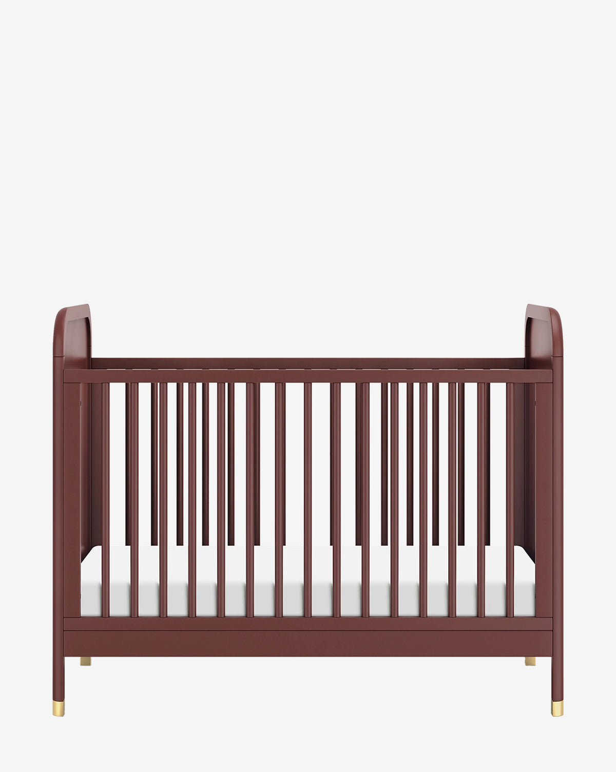 The Brimsley Tambour 3-in-1 Convertible Crib features a modern wooden design with a deep brown finish, slatted sides, and gold-colored leg accents, shown against a plain white background by McGee & Co.
