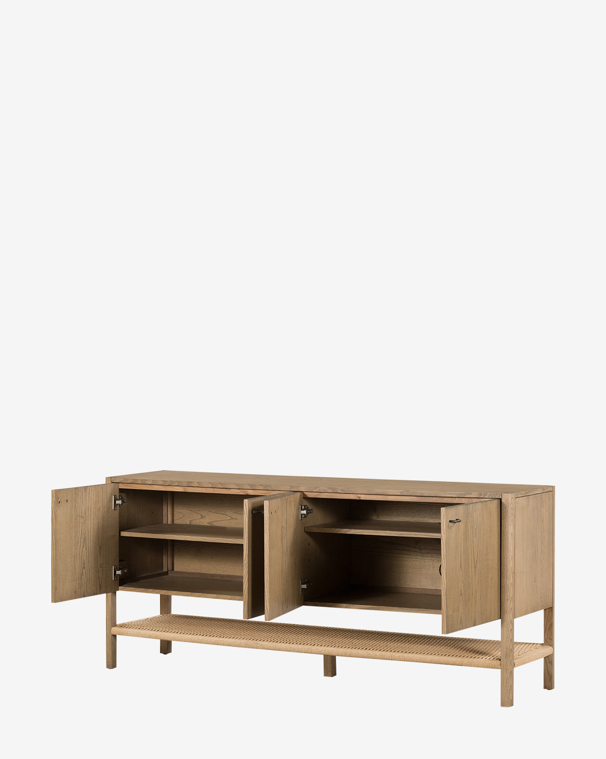 The Brio Sideboard, made from solid ash, showcases three cabinet doors with shelves and an open slatted lower shelf, reflecting timeless Danish design set against a plain white backdrop, by McGee & Co.