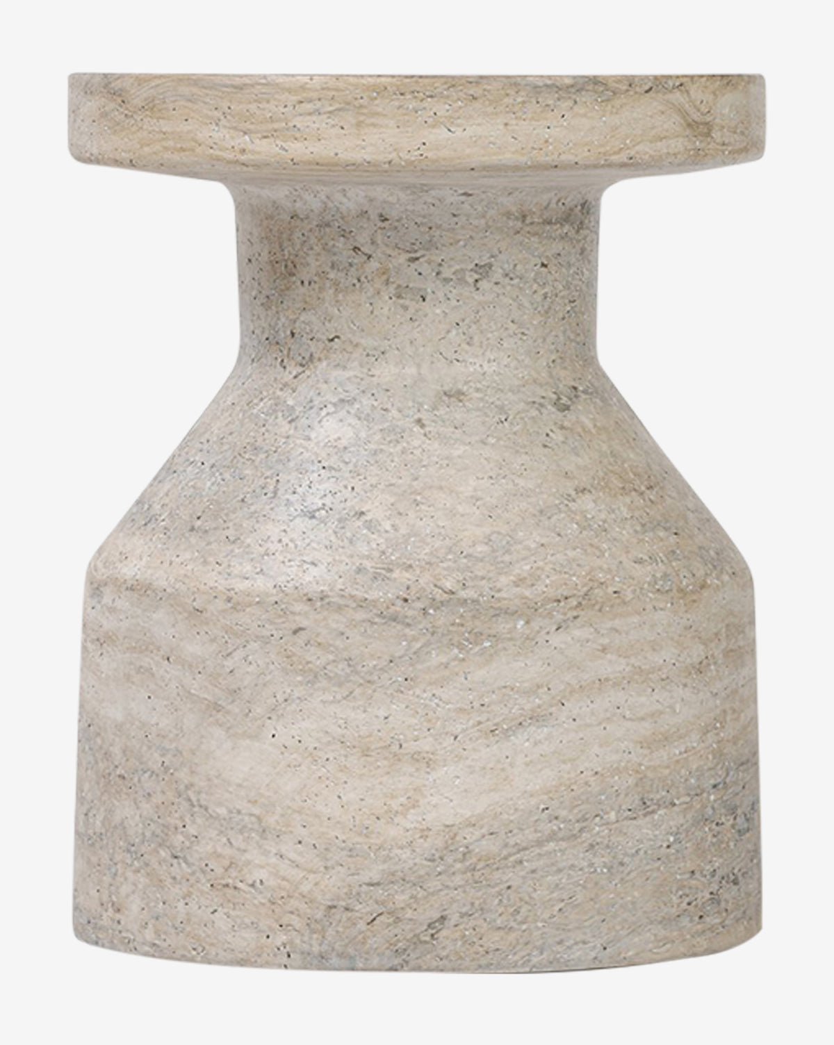 The Brockhaus Distressed End Table is a small, light beige stone piece with a smooth hourglass shape and wide round top, featuring a sculptural design that makes it a striking addition to contemporary interiors, by McGee & Co.