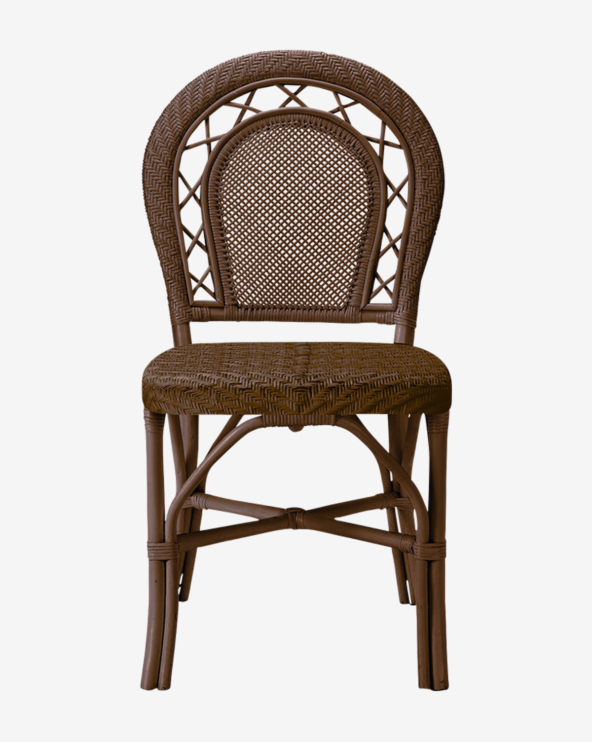 The Brodie Dining Chair features a brown wicker frame, rounded backrest, crisscross design, sturdy legs, and smooth woven seat—making it the perfect natural rattan chair for any space, by McGee & Co.