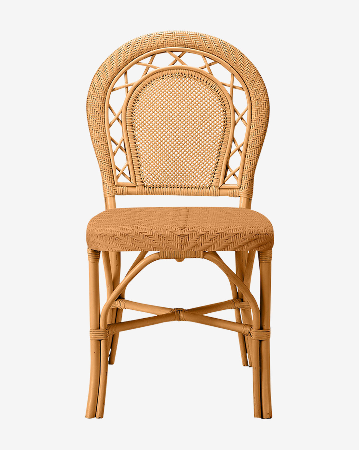 The Brodie Dining Chair features a vintage-inspired look with a handwoven rattan seat and crisscross backrest, supported by four gently curved legs, by McGee & Co.