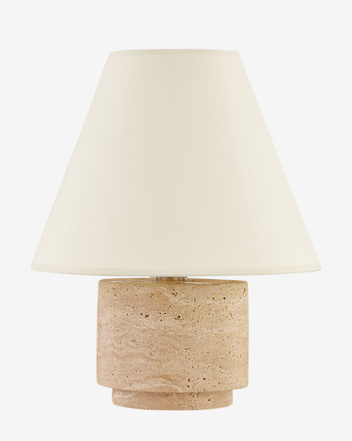 The Bronte Table Lamp features a wide cream-colored shade and a cylindrical beige stone base, bringing timeless style to any space—shown here against a plain white background by McGee & Co.