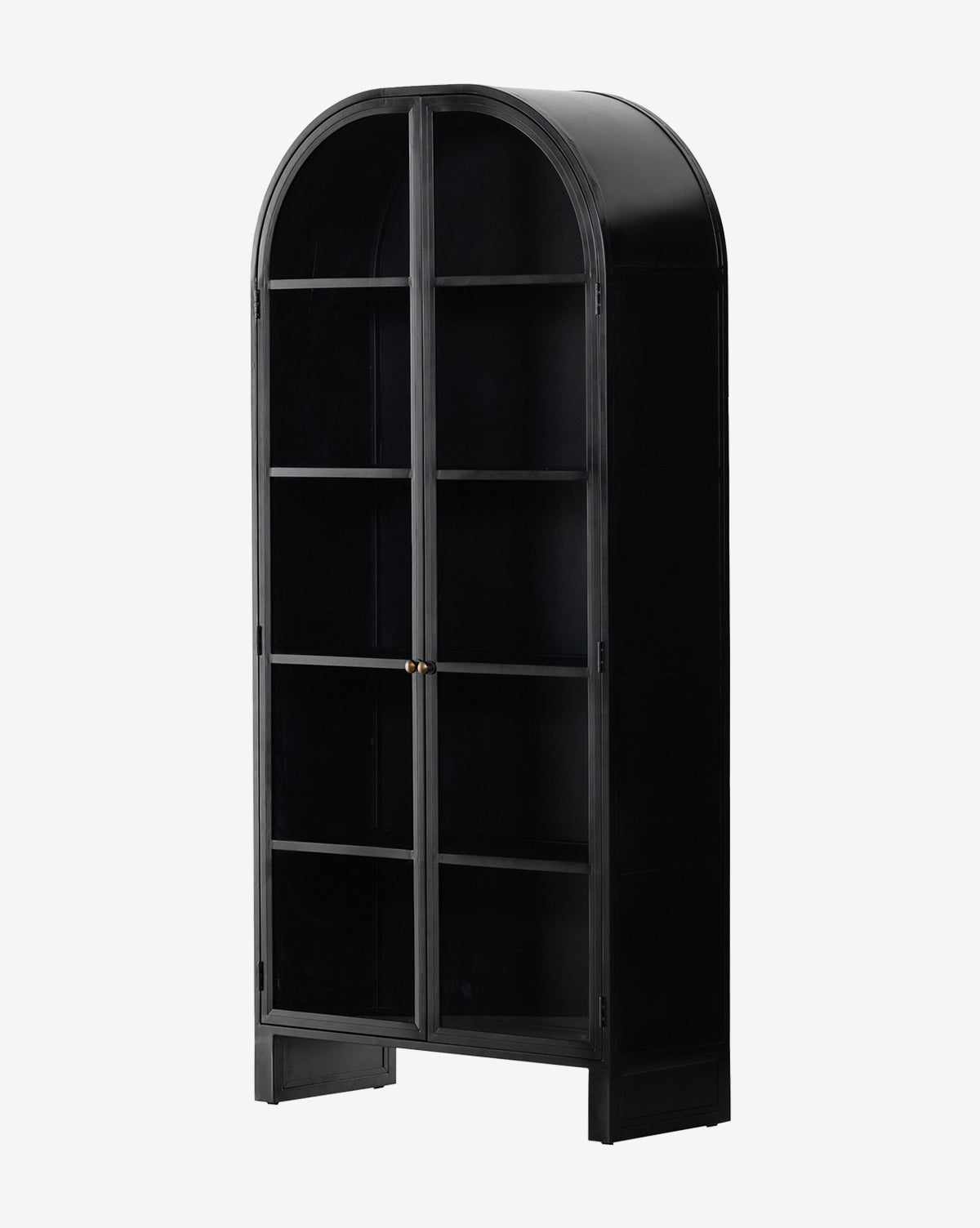 The Brookes Cabinet is a tall black cabinet featuring a rounded arch top, glass doors, and six shelves, displayed elegantly against a light background by McGee & Co.