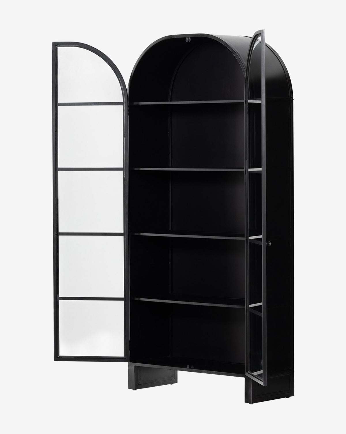 The Brookes Cabinet is a tall black iron storage unit featuring an arched top and two open glass doors, displaying four interior shelves, by McGee & Co.