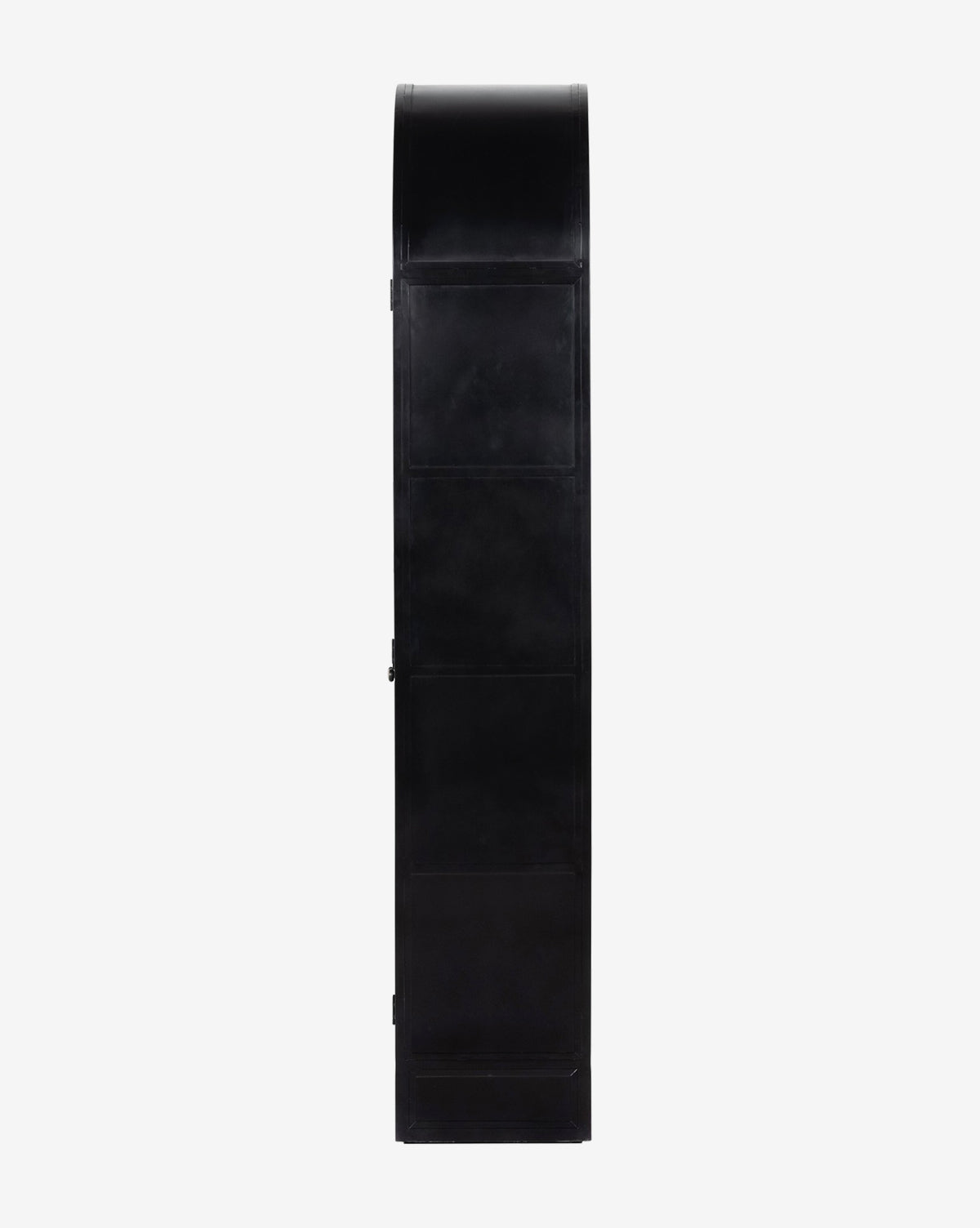 The Brookes Cabinet, shown from the side against a plain white background, is tall, black, and rectangular with a flat front and a subtly curved top by McGee & Co.