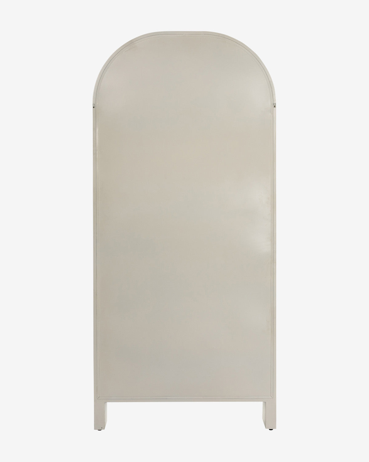 The Brookes Cabinet is a tall, freestanding iron room divider with a smooth light beige finish, rounded arch top, and four short legs, shown against a plain white background by McGee & Co.