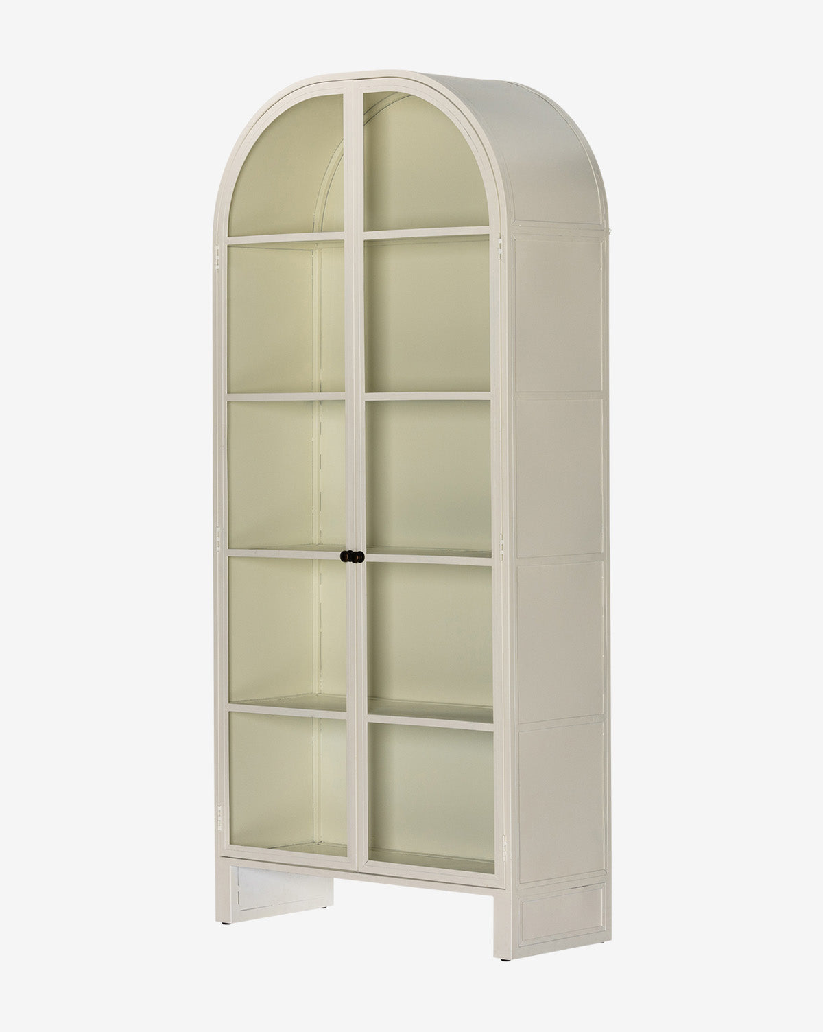 The Brookes Cabinet is tall and light-colored, featuring an arched top, glass double doors, four interior shelves, and short legs, shown against a plain white background by McGee & Co.