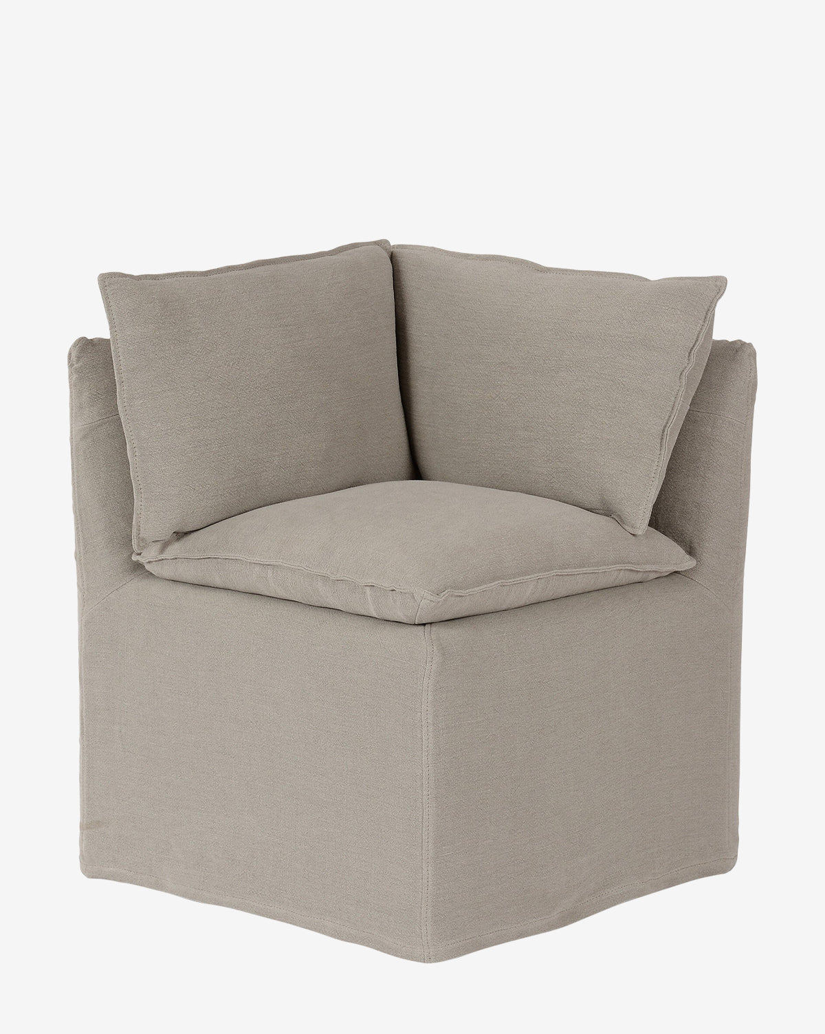 The Brookings Slipcover Corner is a modern corner chair with a light gray linen-blend slipcover, square seat, angled backrest, and two matching plush cushions, shown against a plain white background by McGee & Co.