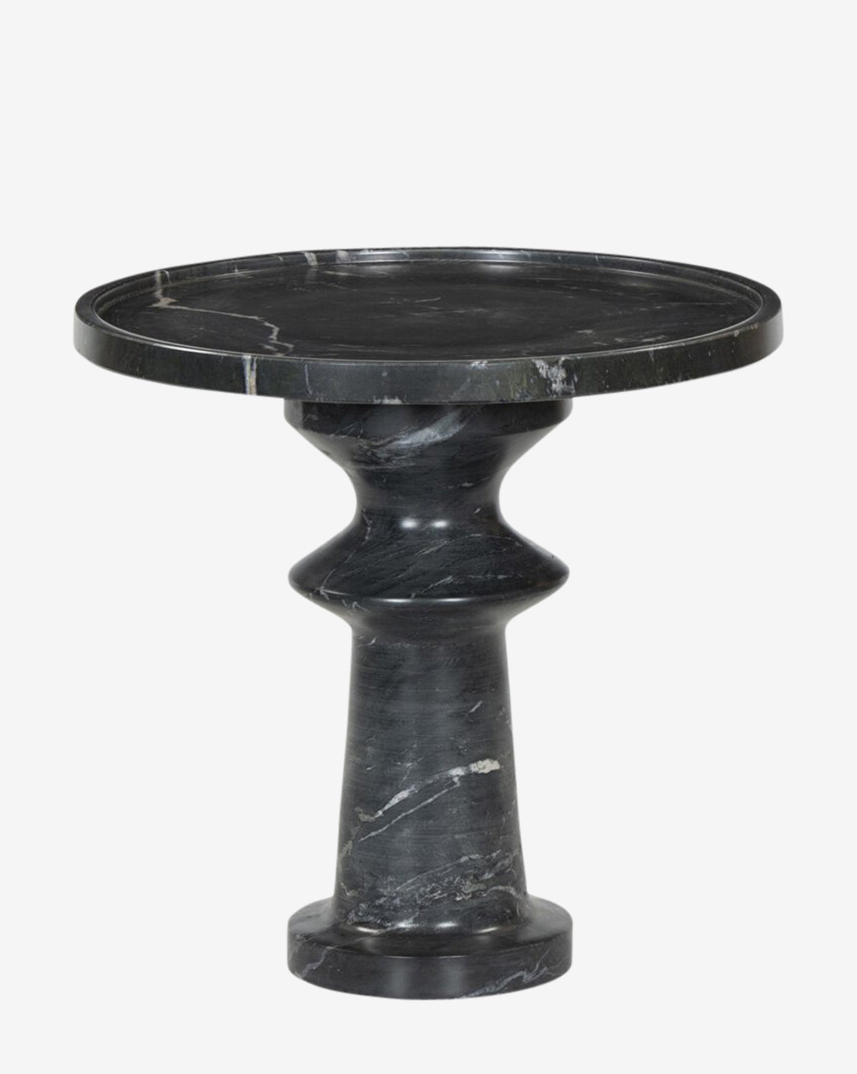 The Bryce Marble Side Table is a round black architectural piece made from solid marble, with a thick cylindrical base and sculpted geometric pedestal detailing, by McGee & Co.