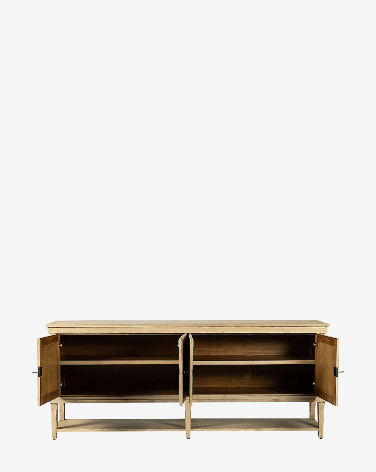 The Bryn Sideboard, crafted from solid pine, features a light natural wood finish, two open cabinet doors, and interior shelves, displayed against a plain white background by McGee & Co.