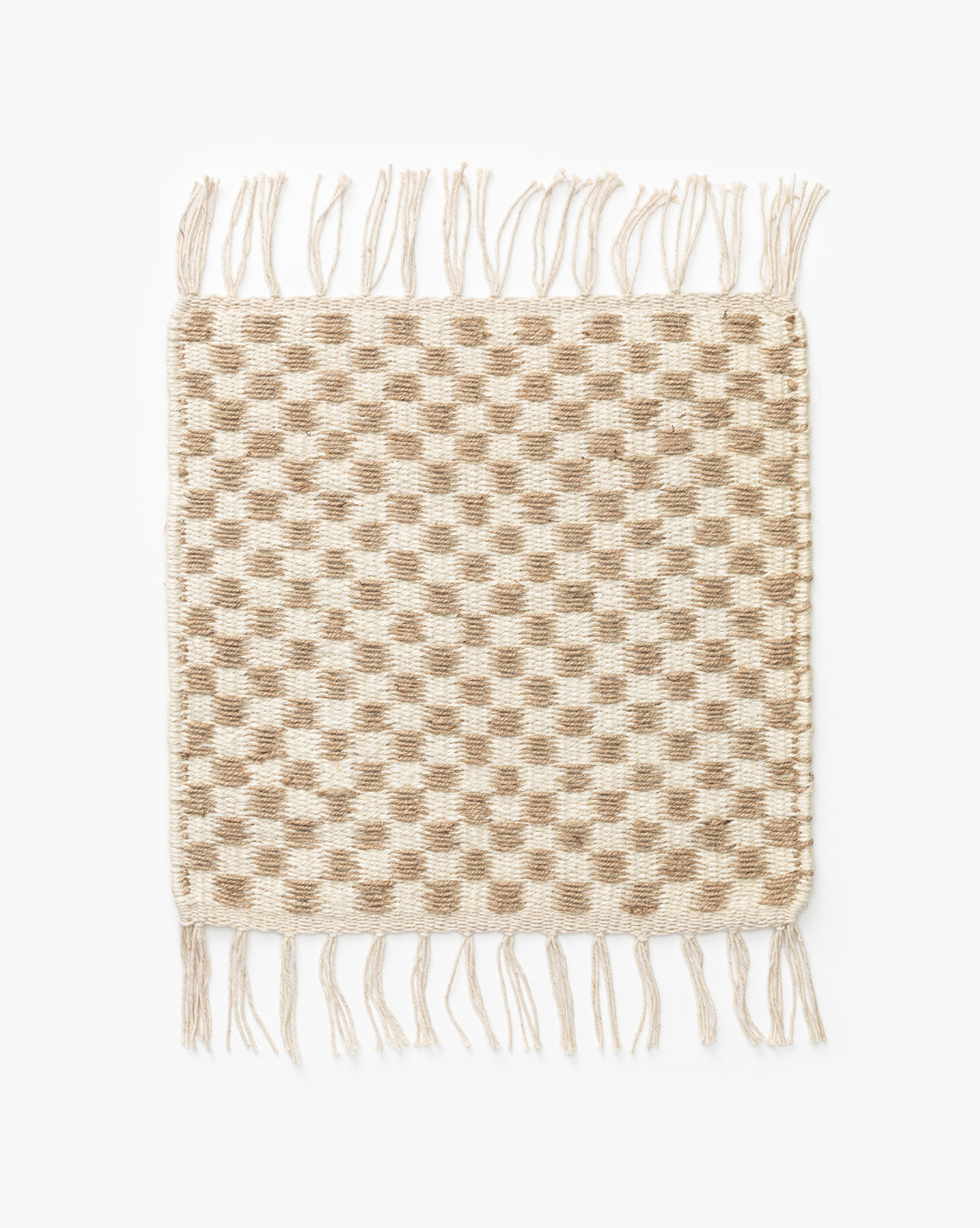 The Bullock Handwoven Jute Rug Swatch features a rectangular shape, beige and cream checkerboard pattern, and fringed edges, shown on a white background by McGee & Co.