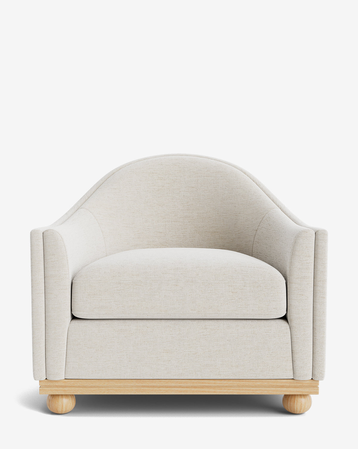The Bunnell Lounge Chair features light beige upholstery, a curved backrest, wide seat cushion, and a light wooden base with round feet. Shown against a plain white background, this customizable chair is ideal for contemporary interiors by McGee & Co.