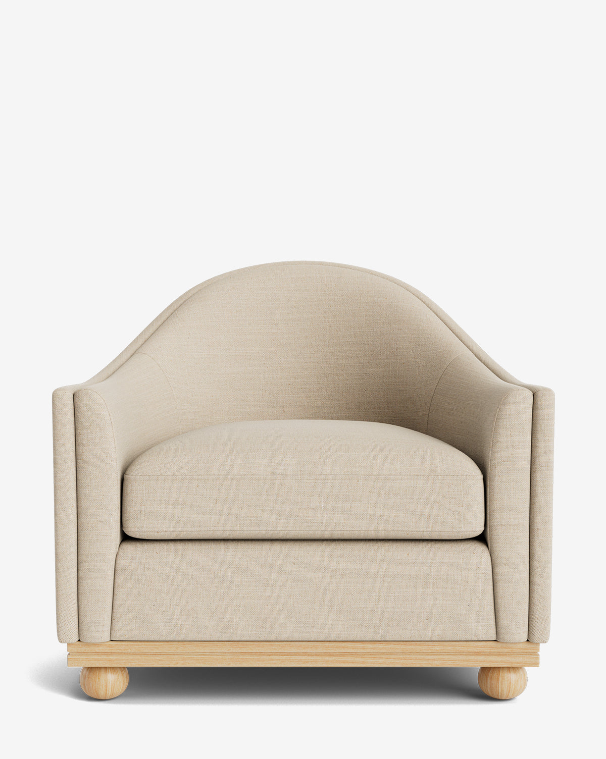 Front view of the Bunnell Lounge Chair, a modern seat with beige upholstery, curved backrest, wide cushion, and light wood legs shown against a plain white background by McGee & Co.