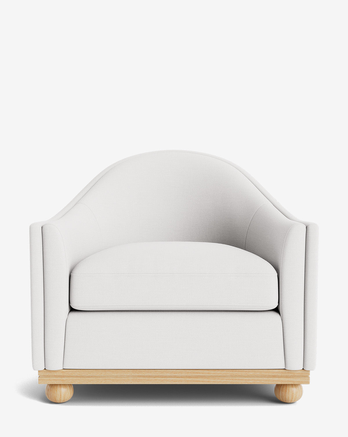 The Bunnell Lounge Chair features a curved backrest and arms, white fabric upholstery, a thick seat cushion, and a light wooden base with rounded feet, all set against a plain white background by McGee & Co.