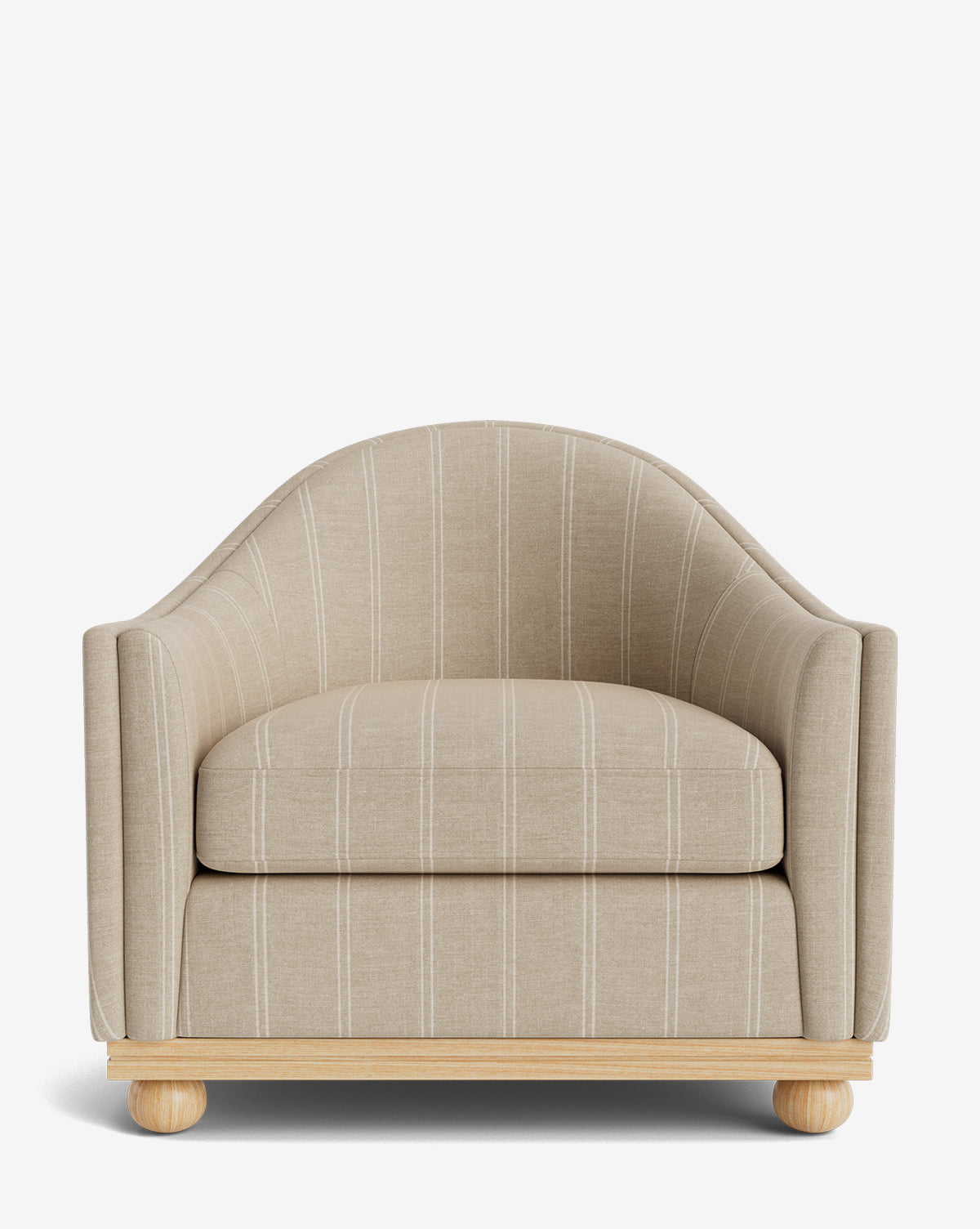 The Bunnell Lounge Chair features a beige striped design, curved backrest, and wooden base with rounded feet, shown on a plain white background—a modern seating option for any space, by McGee & Co.