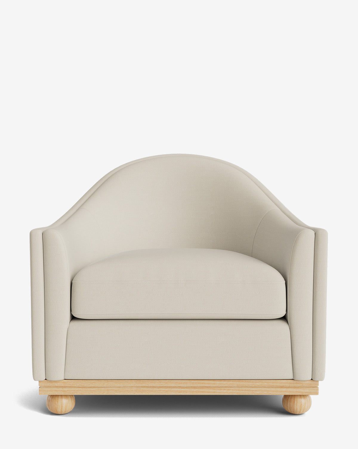 Front view of the Bunnell Lounge Chair, a modern chair in light beige featuring a rounded backrest and wooden base with round feet, displayed against a plain white background, by McGee & Co.