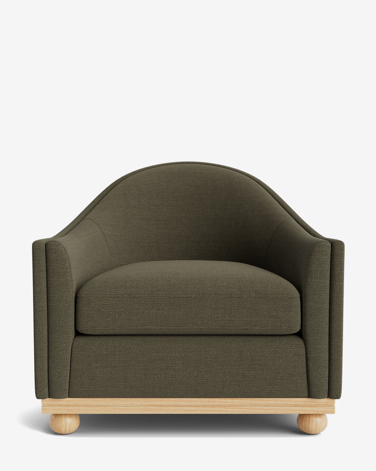 The Bunnell Lounge Chair features dark green upholstery, rounded arms and backrest, a thick cushioned seat, and light wooden legs and base, shown against a plain white background by McGee & Co.