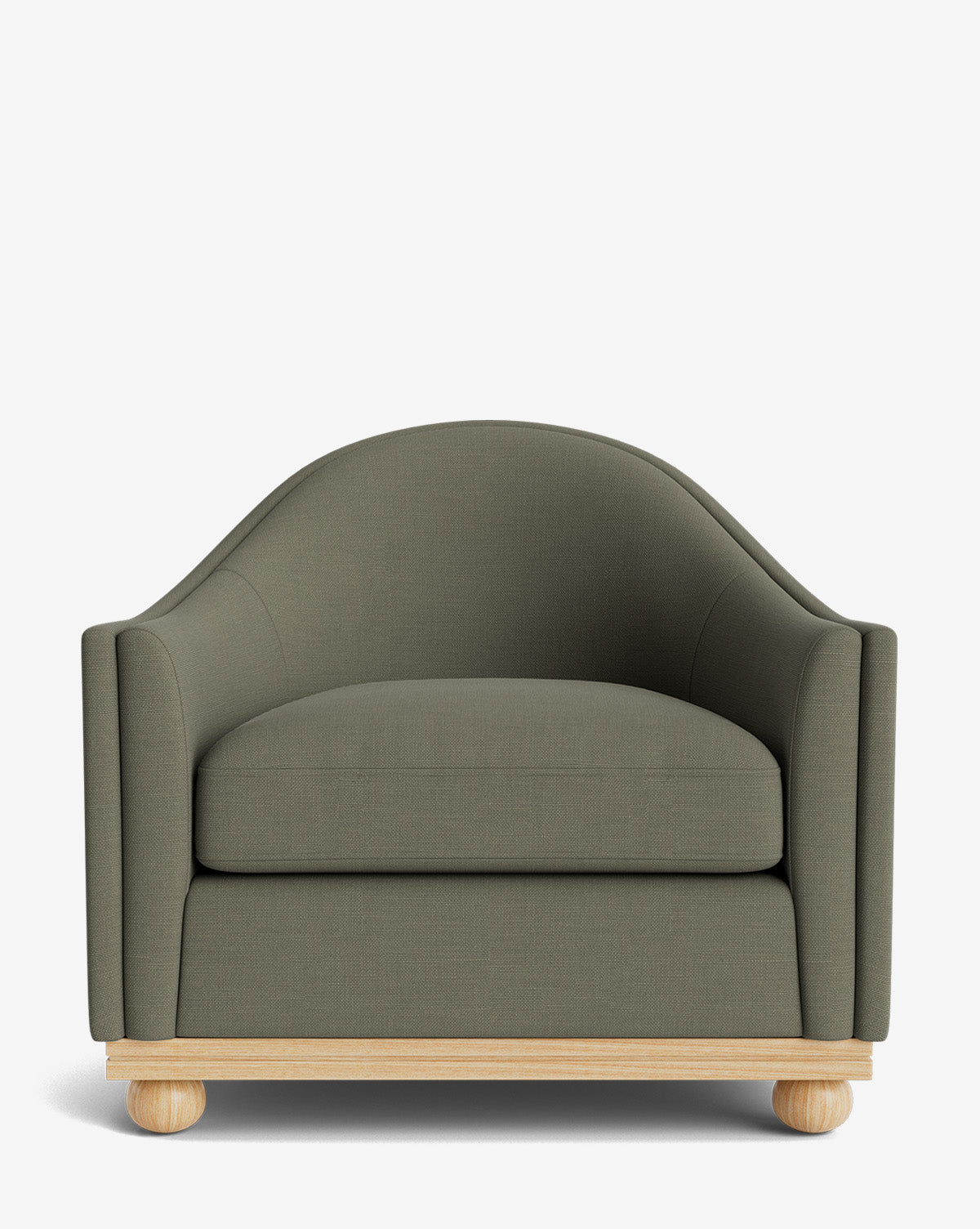The Bunnell Lounge Chair features a dark green color, rounded back and arms, thick seat cushion, and a light wood base with round feet, creating a modern look against a white background, by McGee & Co.