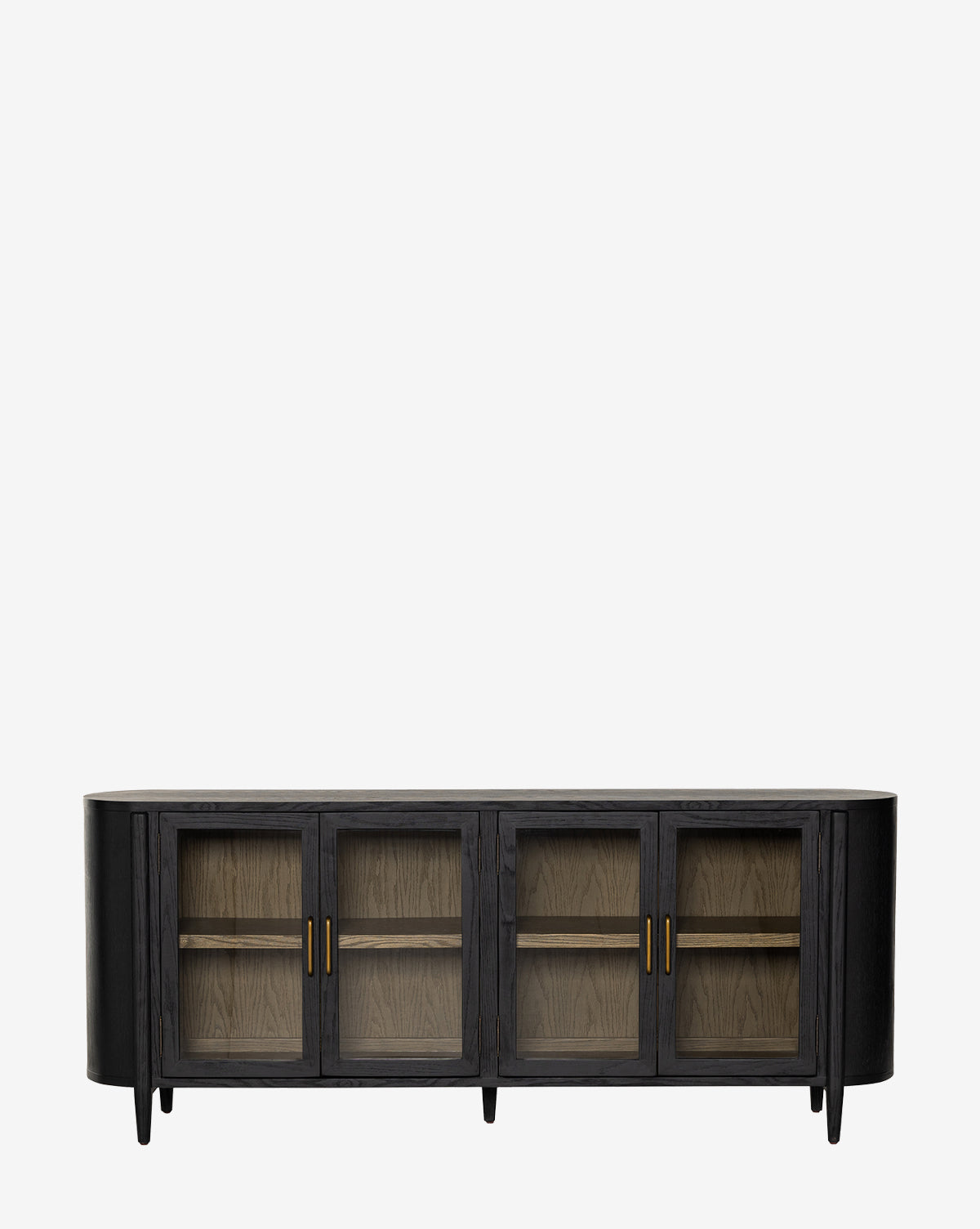 The Burton Sideboard features a modern black finish, four glass doors with gold handles, light wood interior shelving, and short legs, shown against a plain white background by McGee & Co.