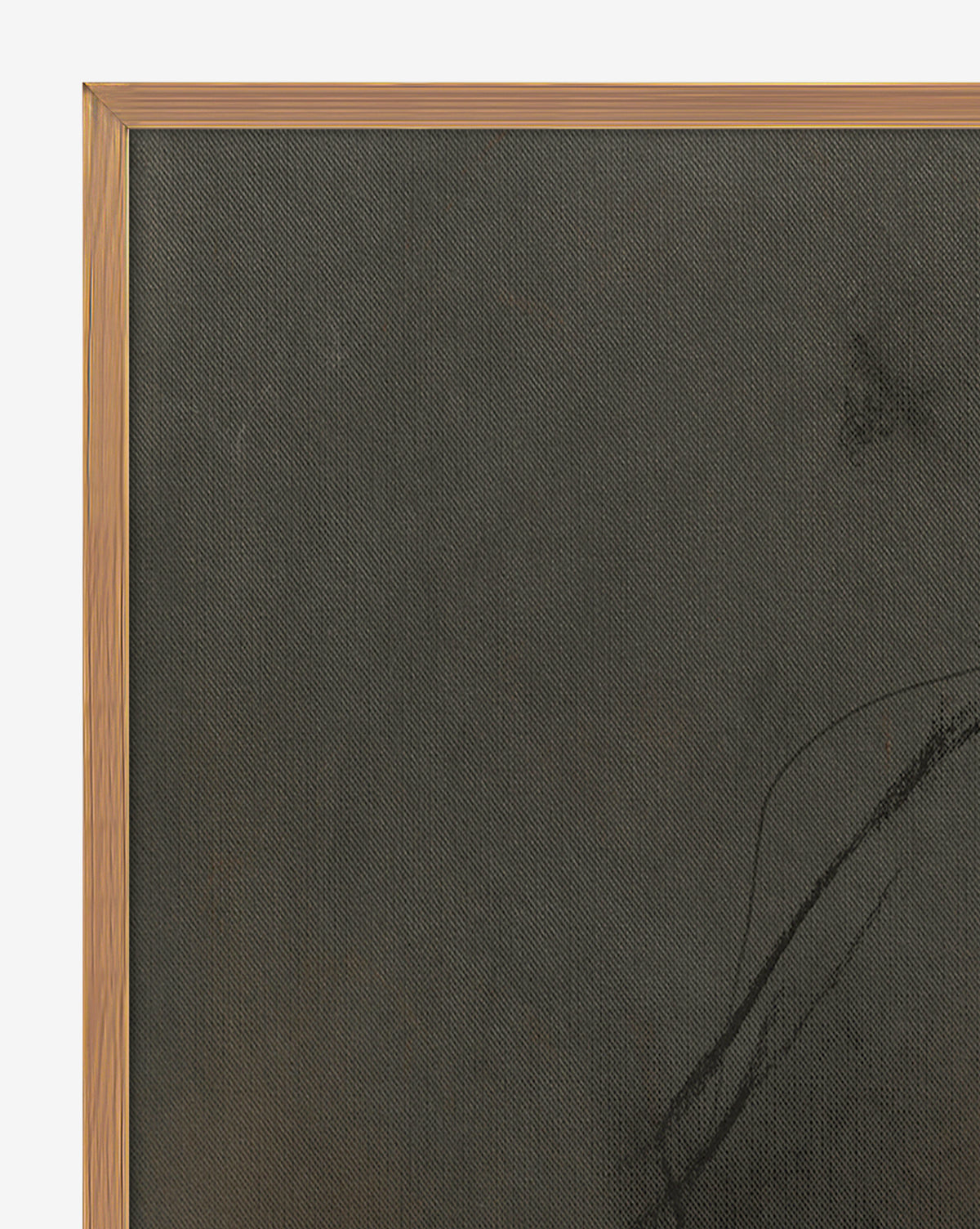 The image shows the upper left corner of By Chance by Karen Covey, a moody abstract artwork in a light wood frame. Its dark tones, subtle textures, and sketch-like lines create an intriguing, mysterious effect on the wall.