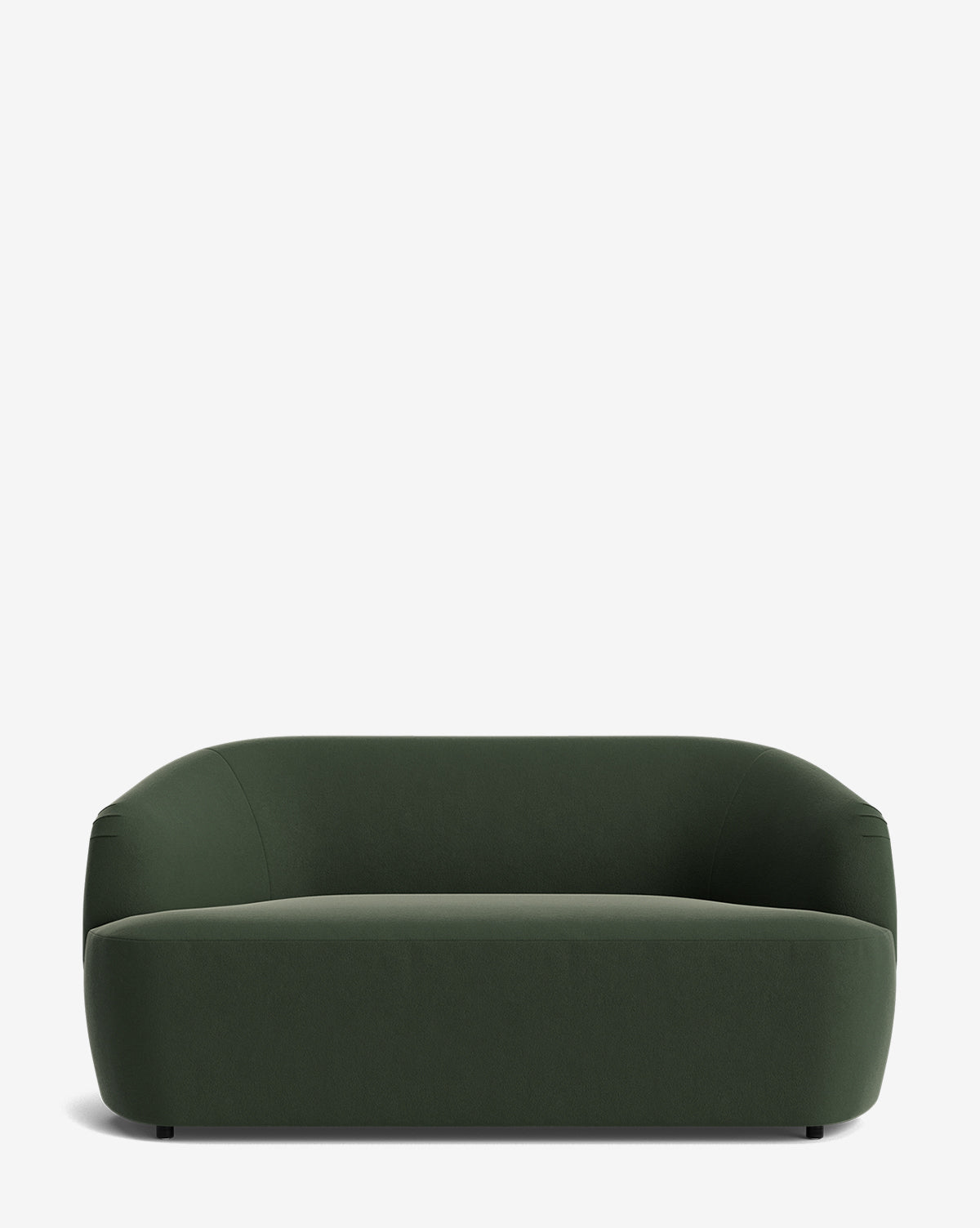 A modern Byron Settee 68 in dark green, featuring a low profile, rounded edges, and minimalist design, is set against a plain white background by McGee & Co.