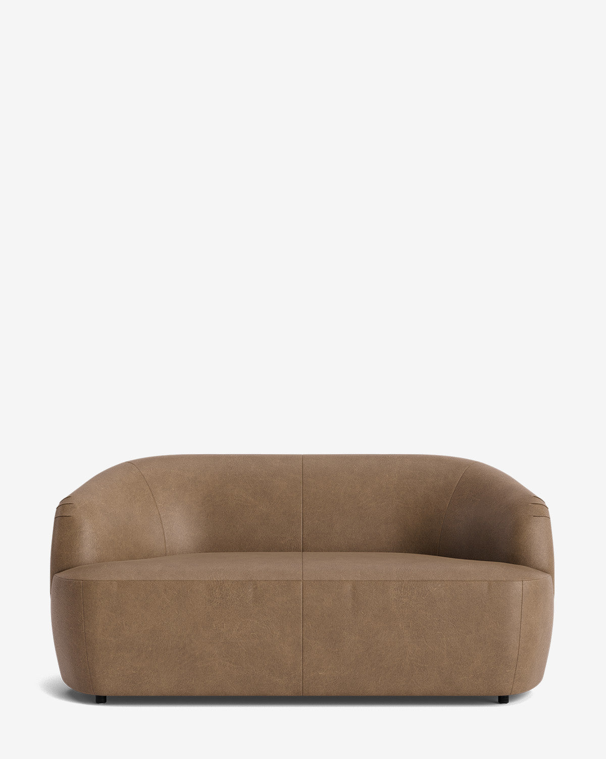 The Byron Settee 68 features a modern, minimalist design with brown leather upholstery, rounded edges, and a curved back, shown here against a plain white background by McGee & Co.