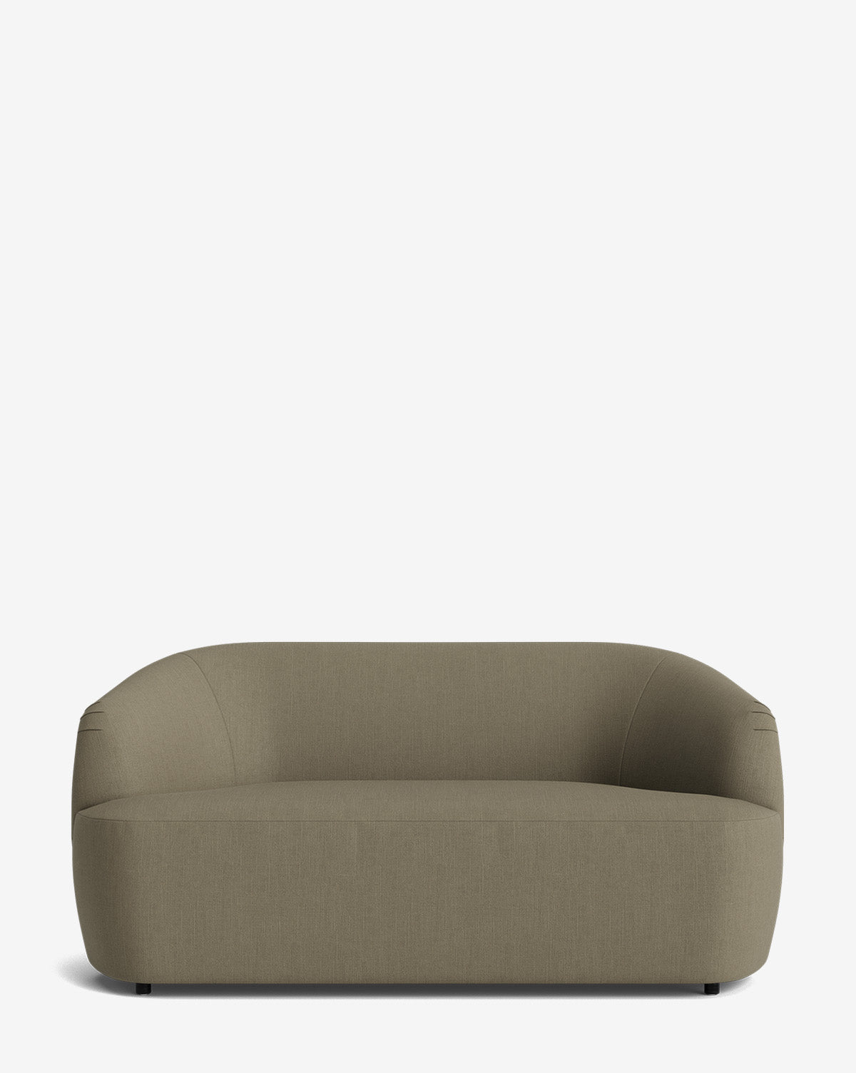 The Byron Settee 68 features a modern, minimalist olive-green design with rounded edges, low armrests, and a smooth upholstered surface. It sits against a plain white background, showcasing its simple contemporary style by McGee & Co.