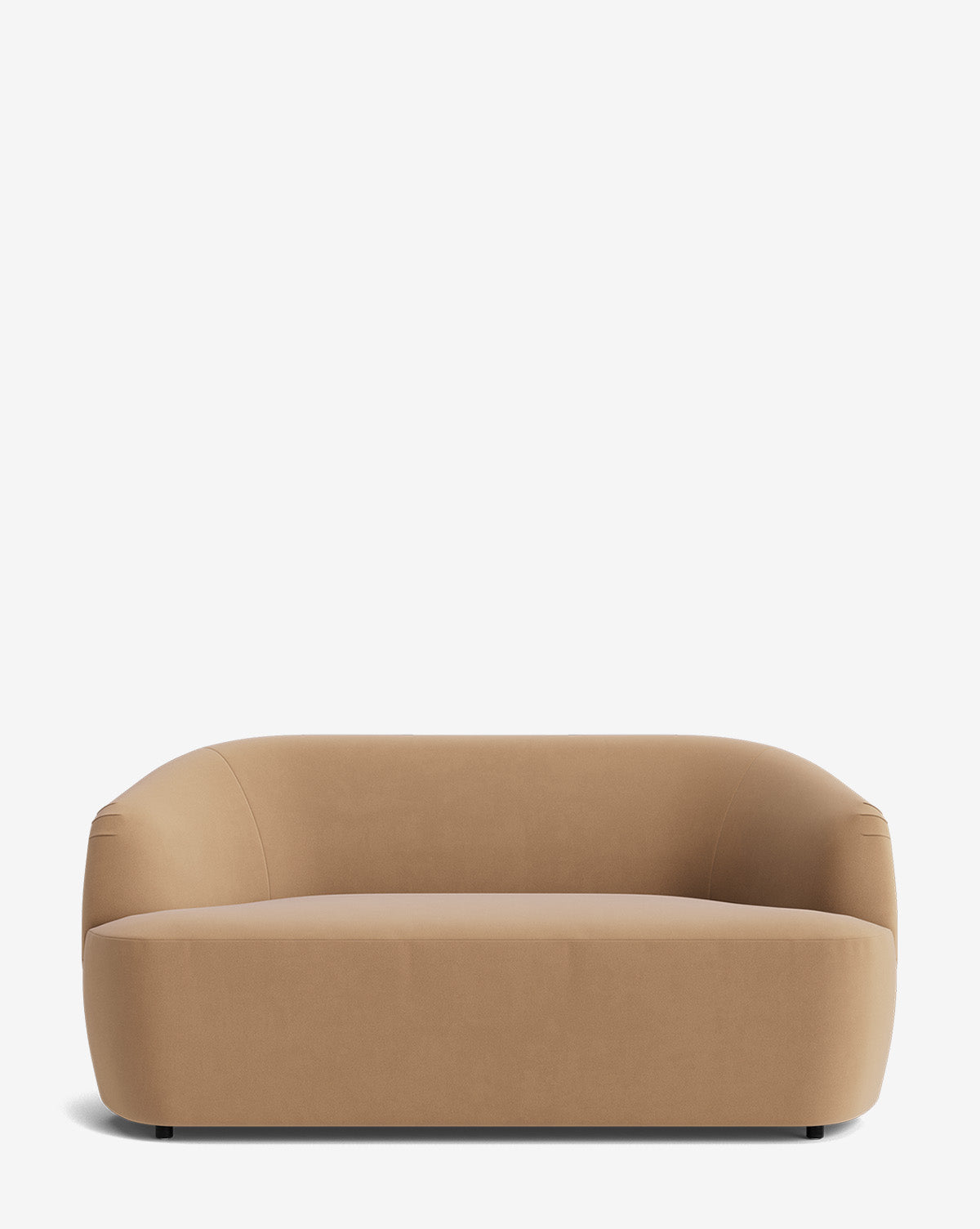 The Byron Settee 68 features a modern, minimalist design with curved arms and a low backrest, upholstered in smooth fabric, set against a plain white background by McGee & Co.